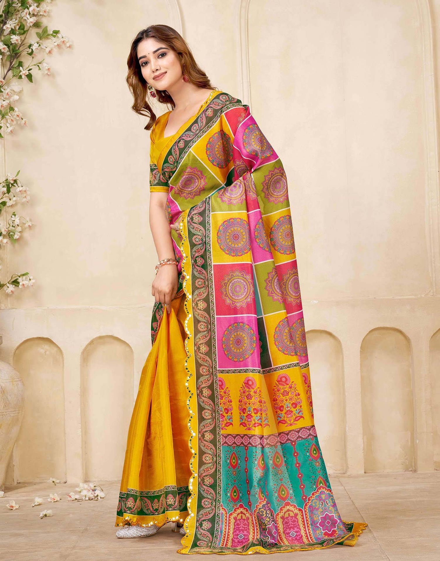 Mustard Yellow Chanderi Printed Saree
