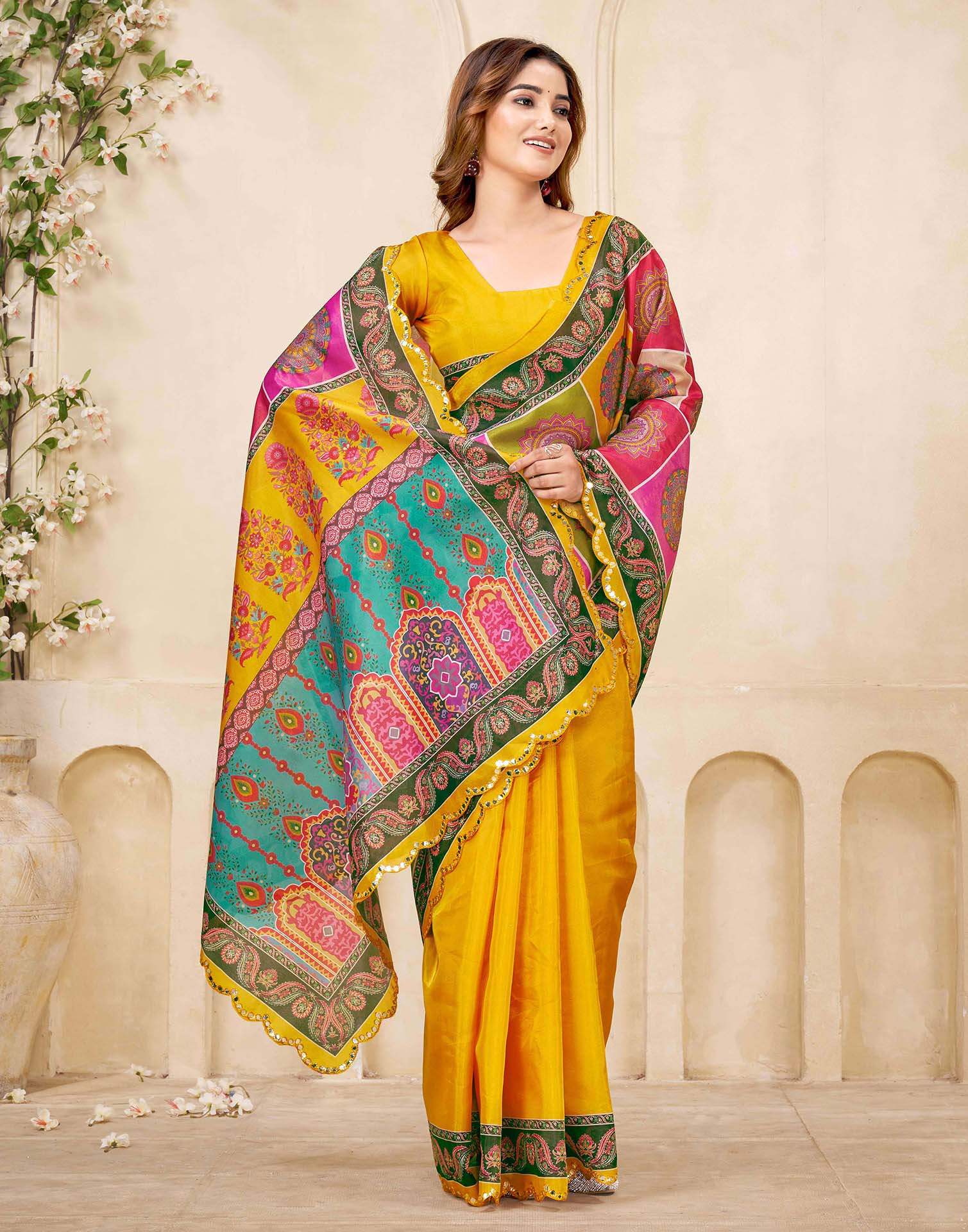 Mustard Yellow Chanderi Printed Saree