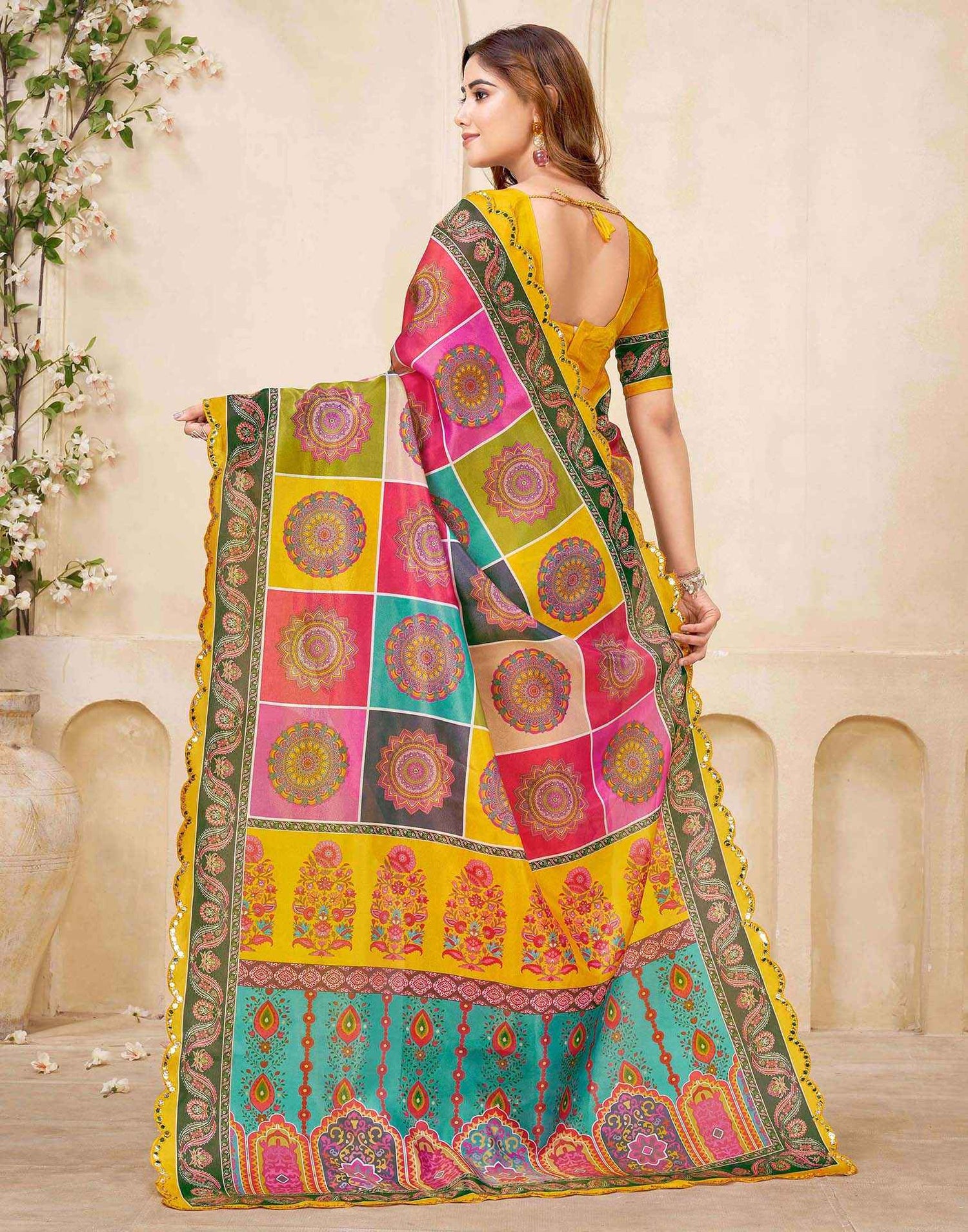 Mustard Yellow Chanderi Printed Saree