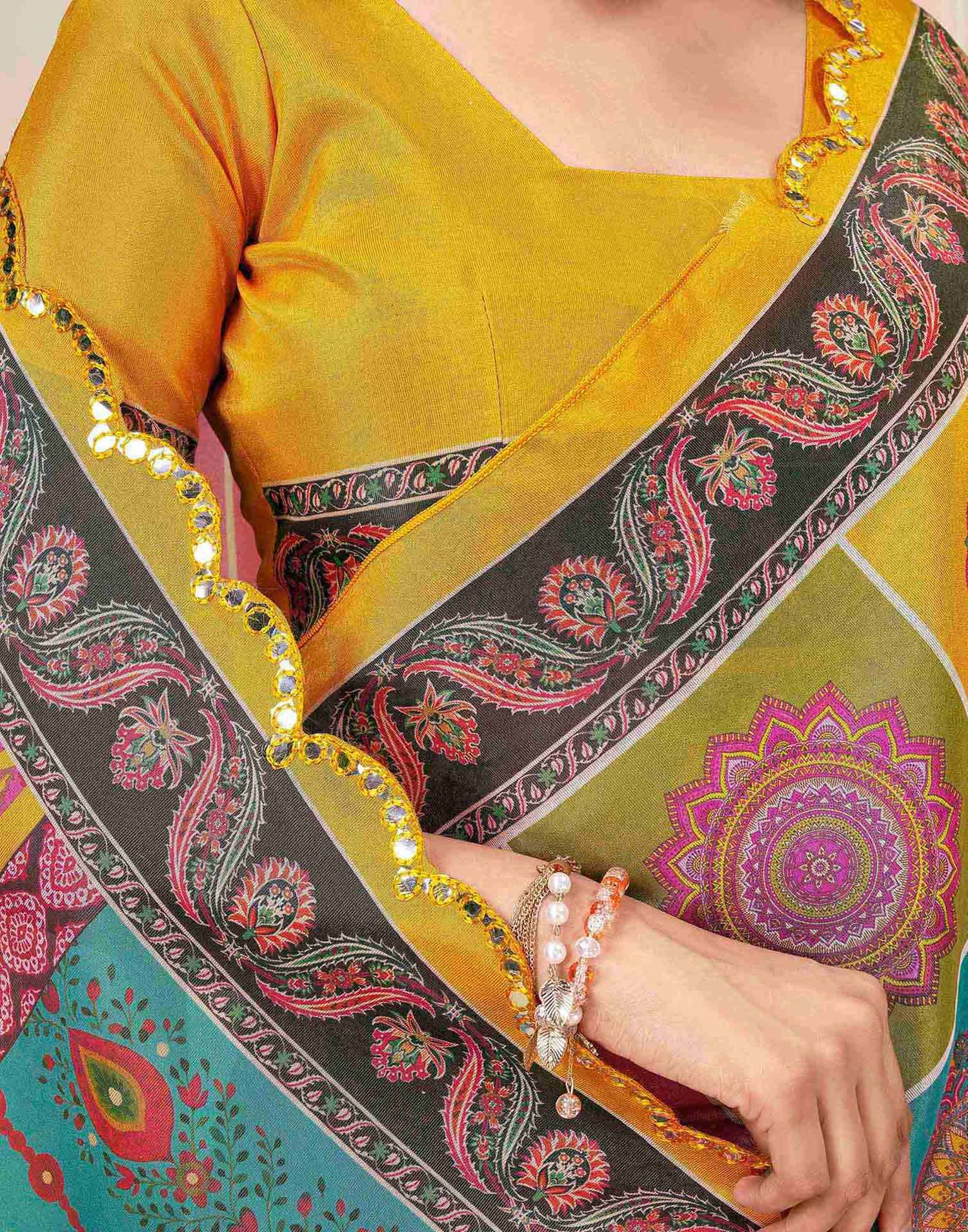 Mustard Yellow Chanderi Printed Saree