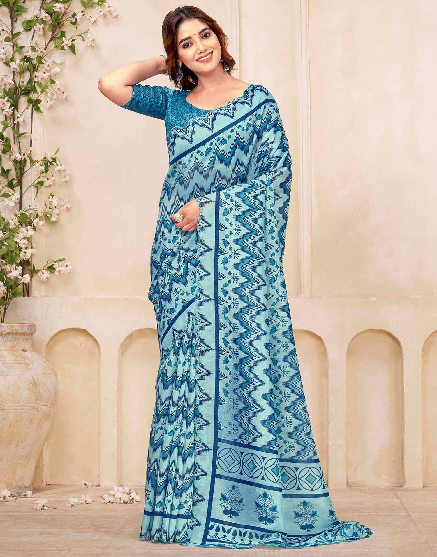 Sky Blue Chanderi Printed Saree