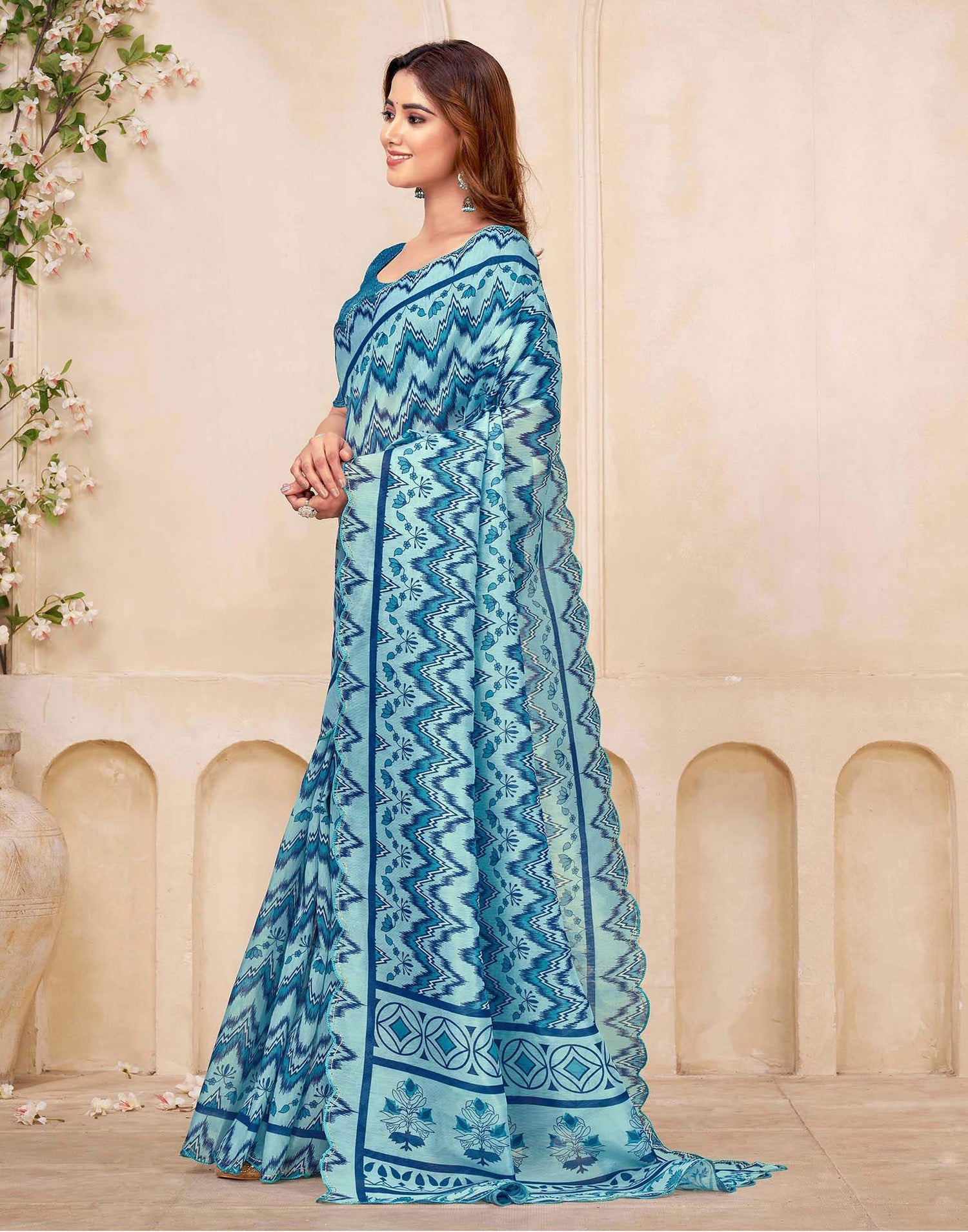 Sky Blue Chanderi Printed Saree