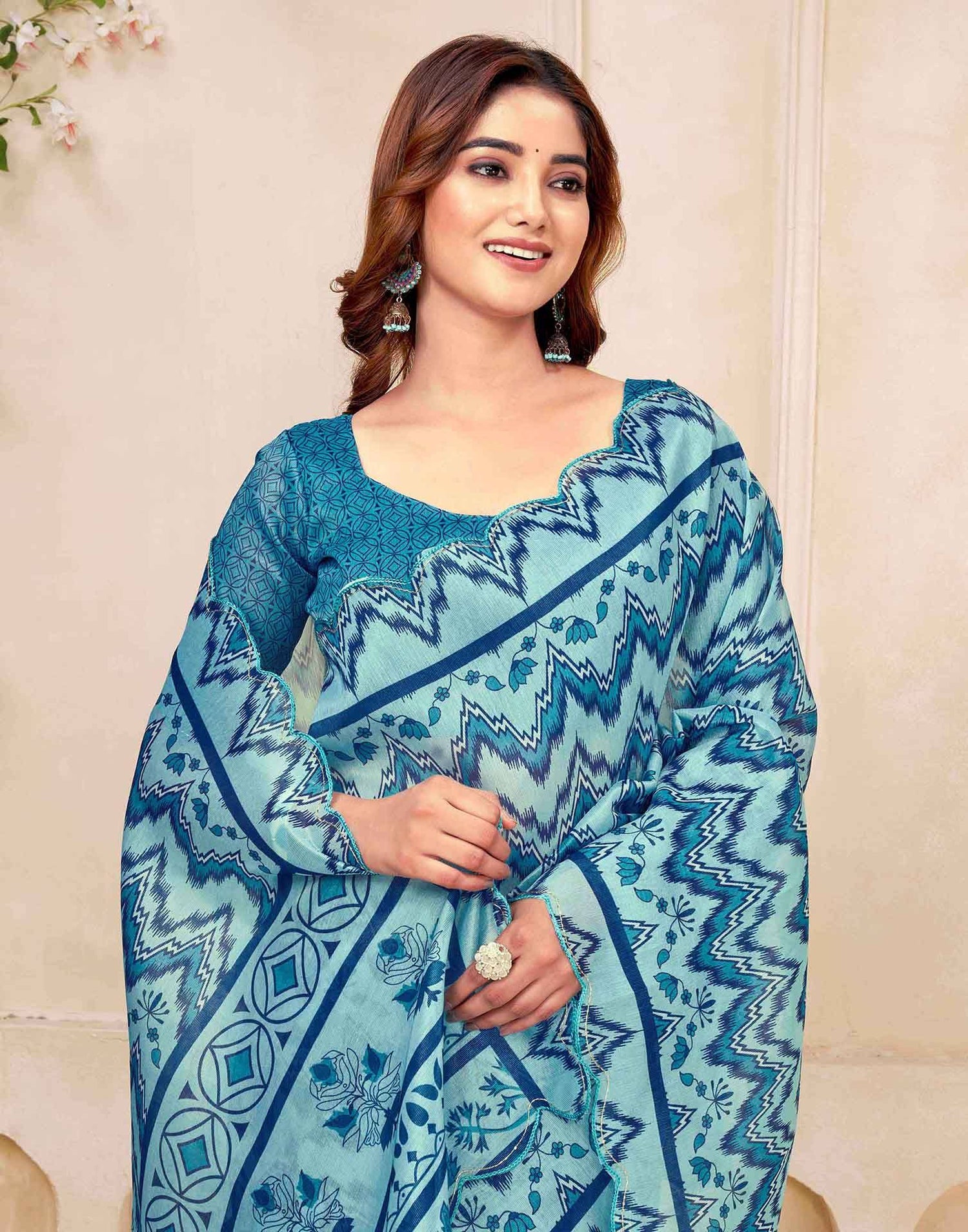 Sky Blue Chanderi Printed Saree