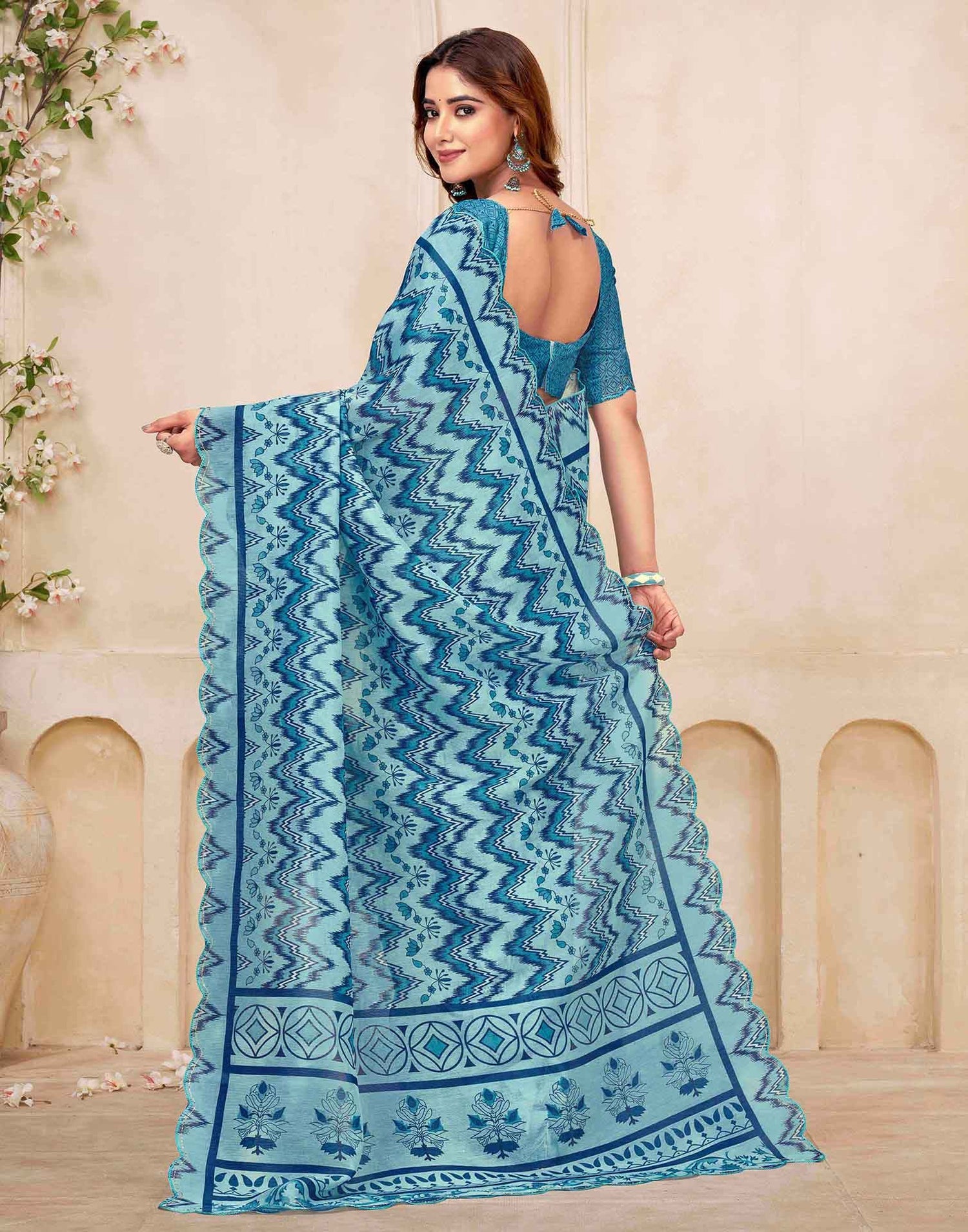 Sky Blue Chanderi Printed Saree