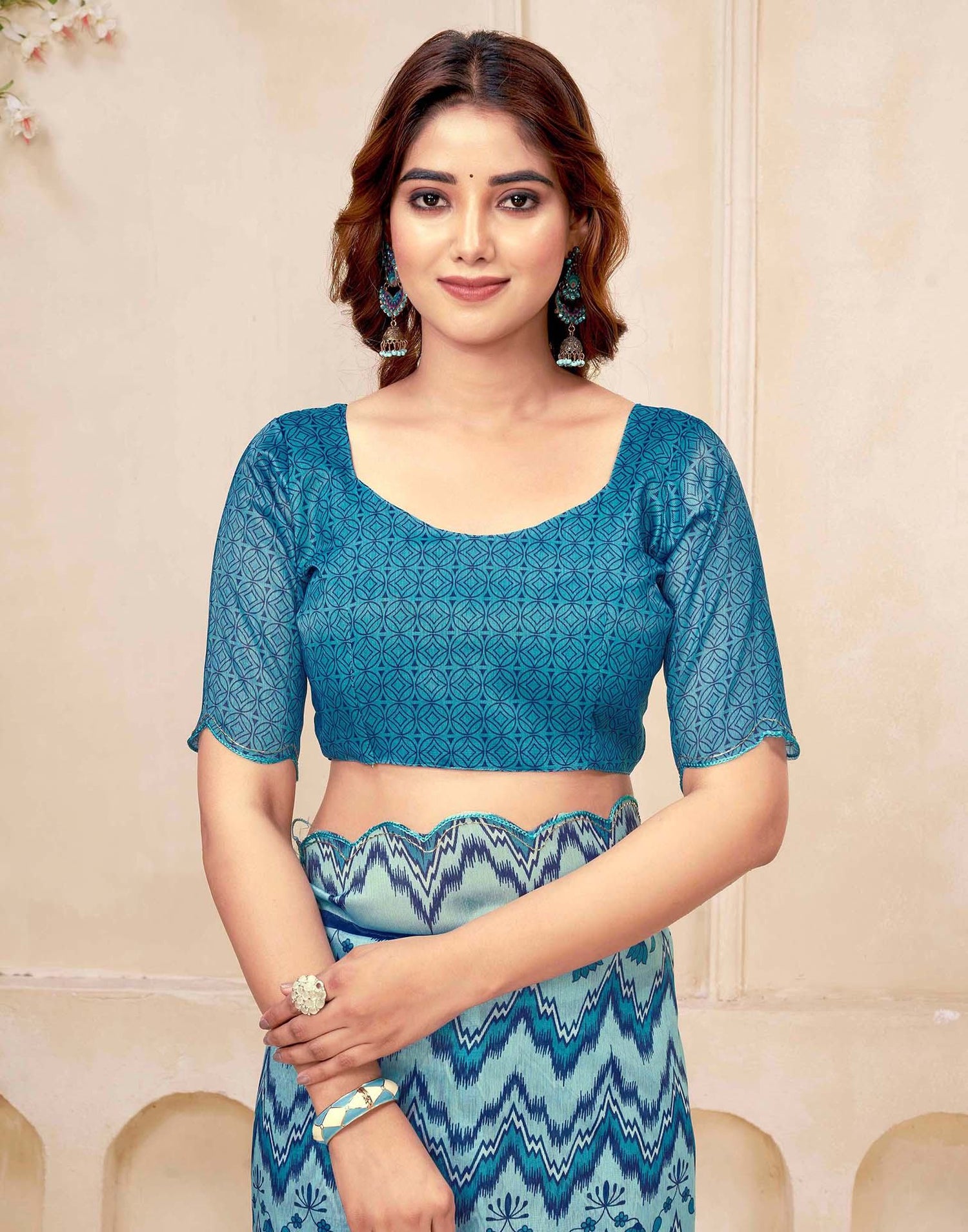 Sky Blue Chanderi Printed Saree