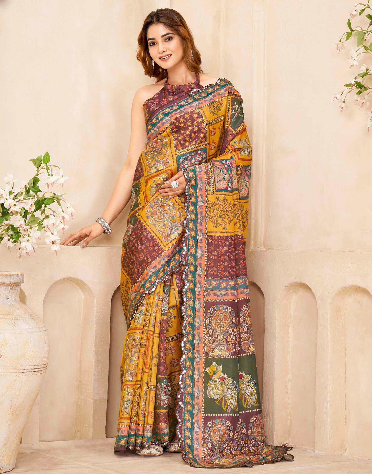 Mustard Yellow Chanderi Printed Saree