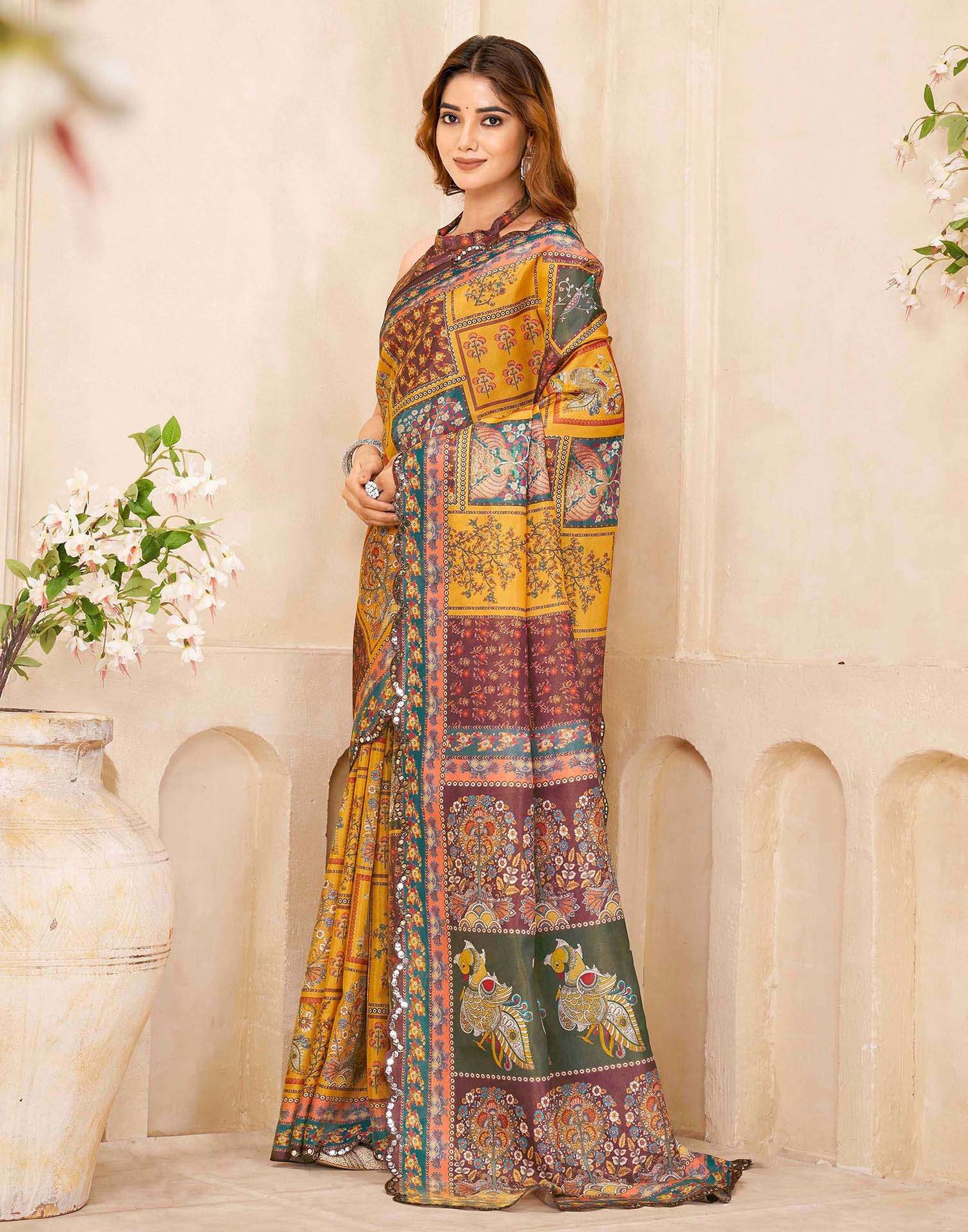 Mustard Yellow Chanderi Printed Saree