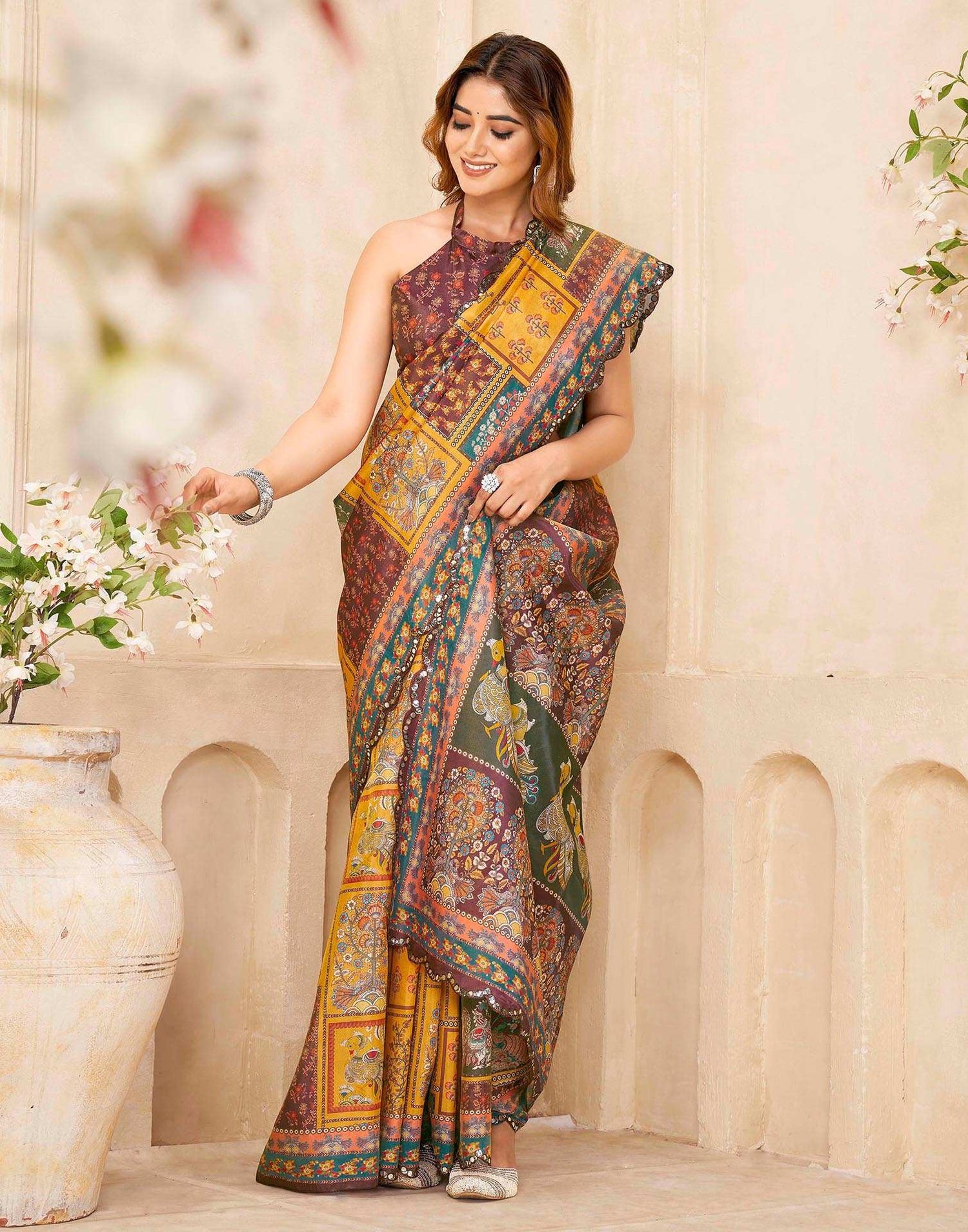 Mustard Yellow Chanderi Printed Saree