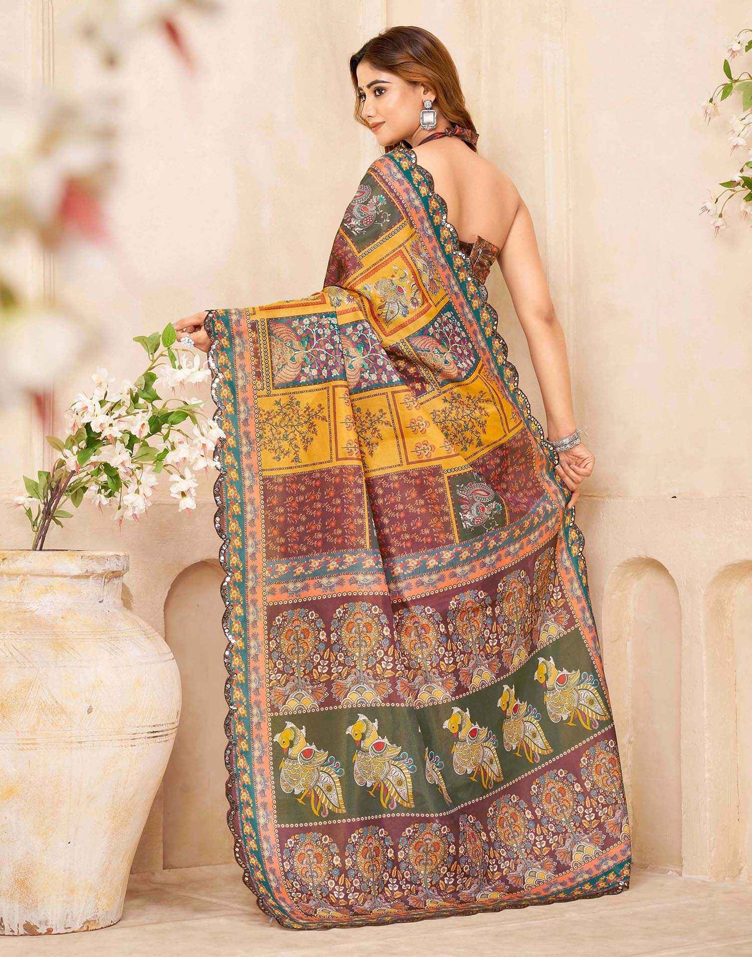 Mustard Yellow Chanderi Printed Saree