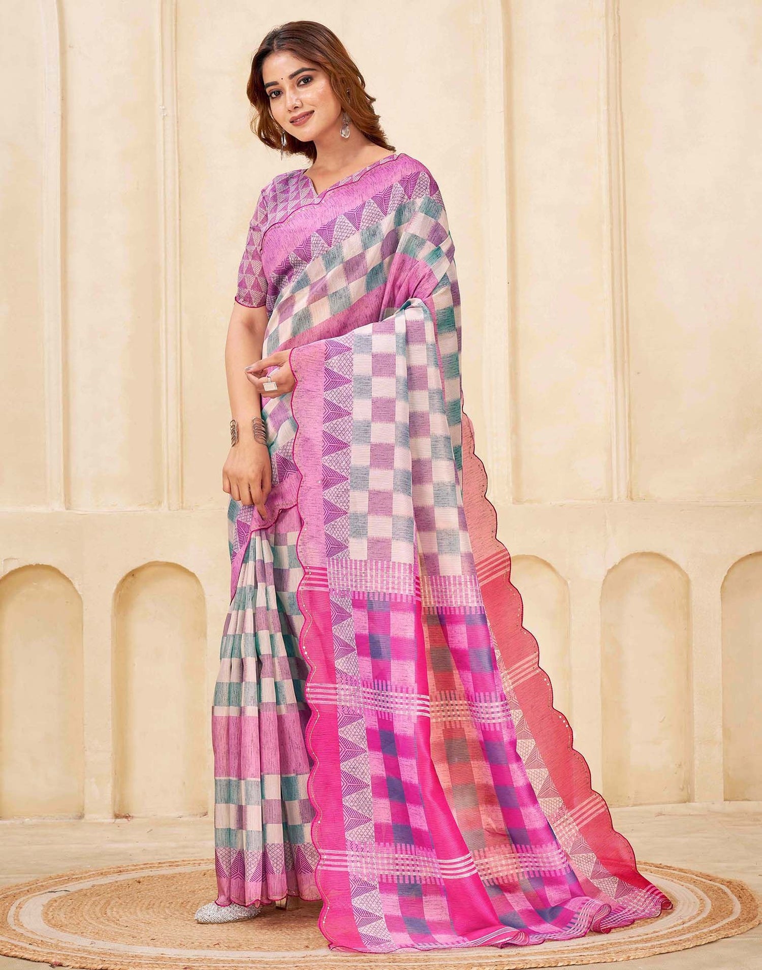 Pink Chanderi Printed Saree