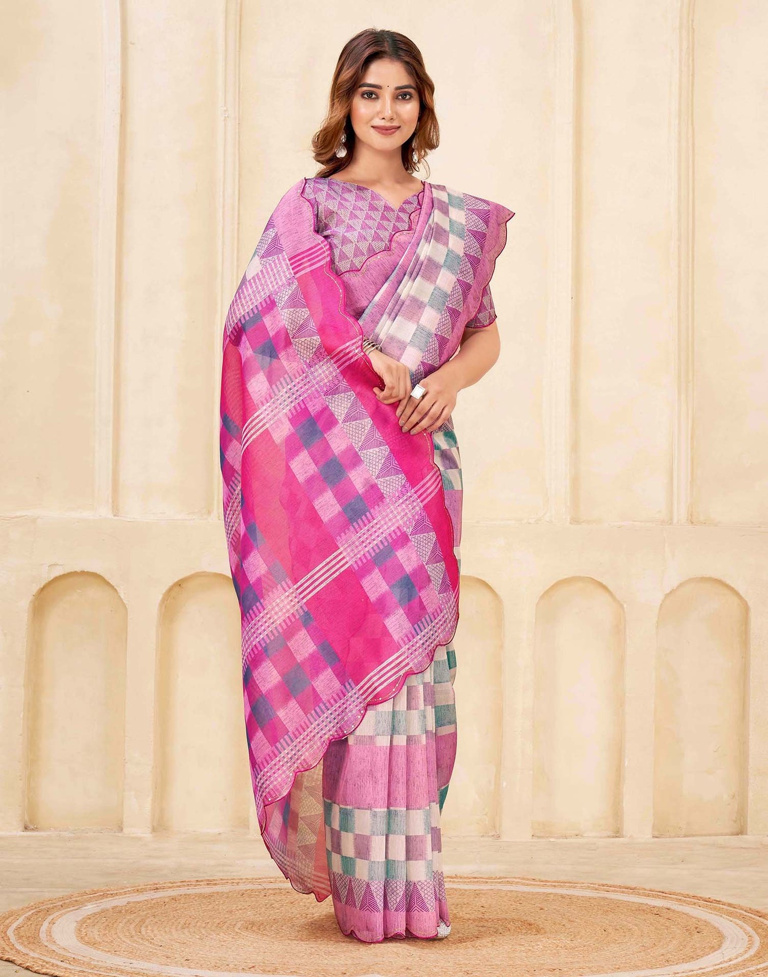 Pink Chanderi Printed Saree