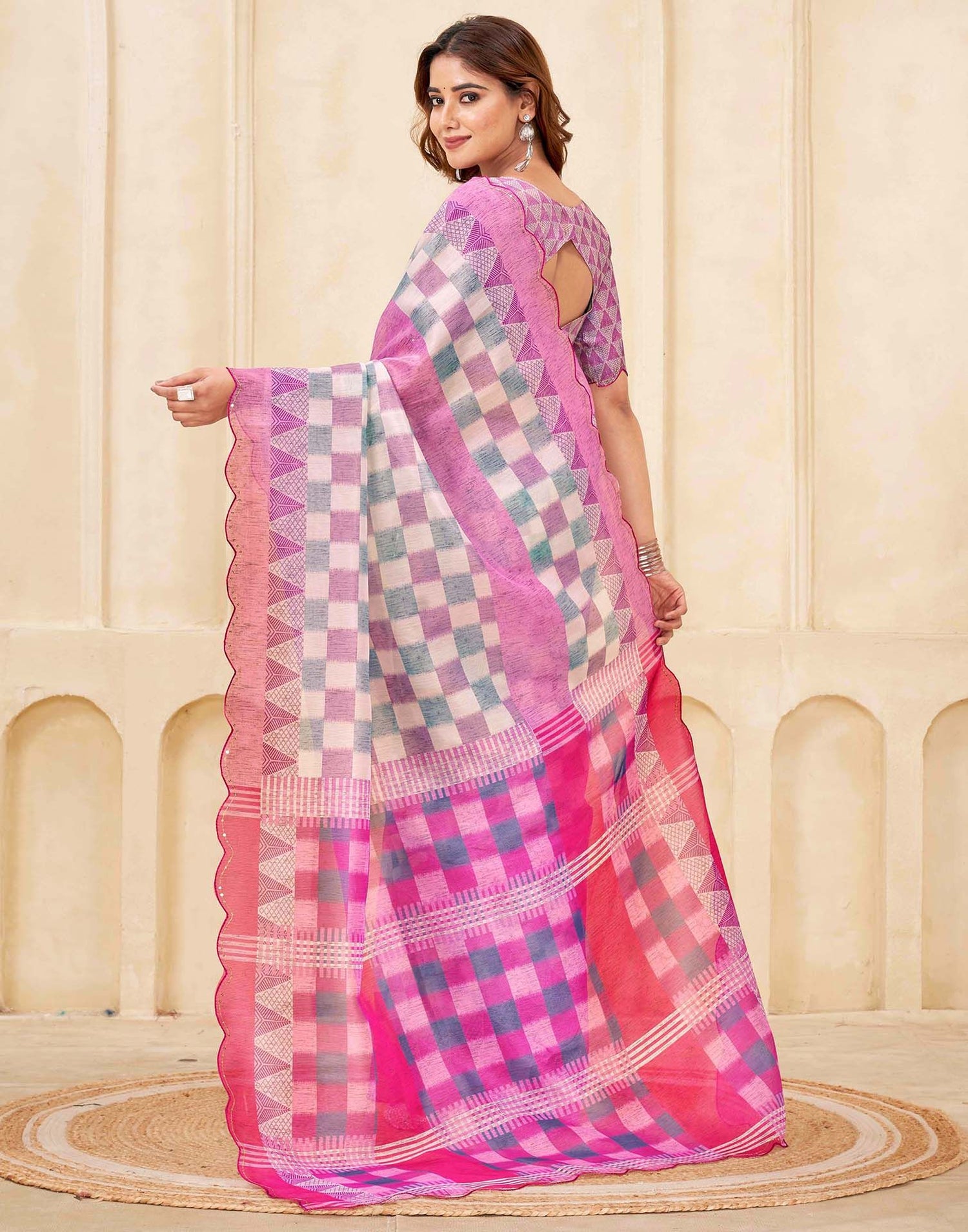 Pink Chanderi Printed Saree