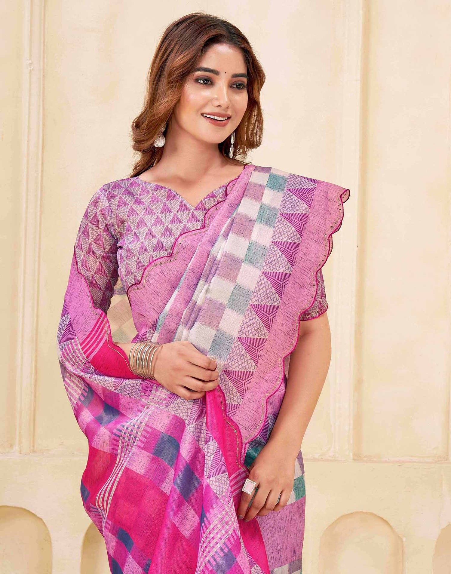 Pink Chanderi Printed Saree