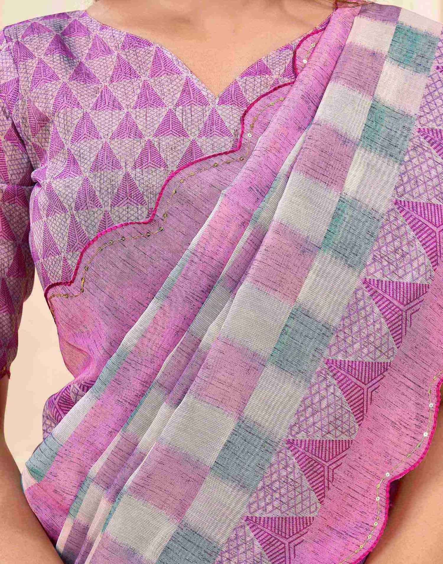 Pink Chanderi Printed Saree