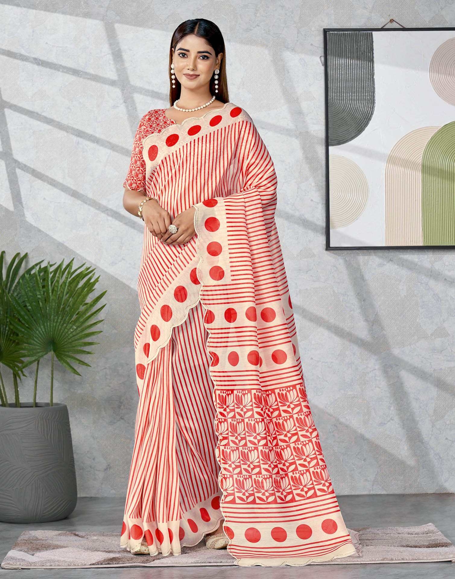 Off White Chanderi Printed Saree