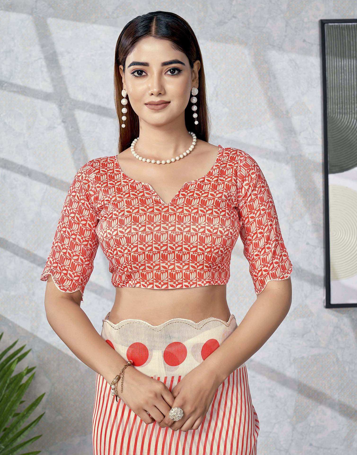 Off White Chanderi Printed Saree