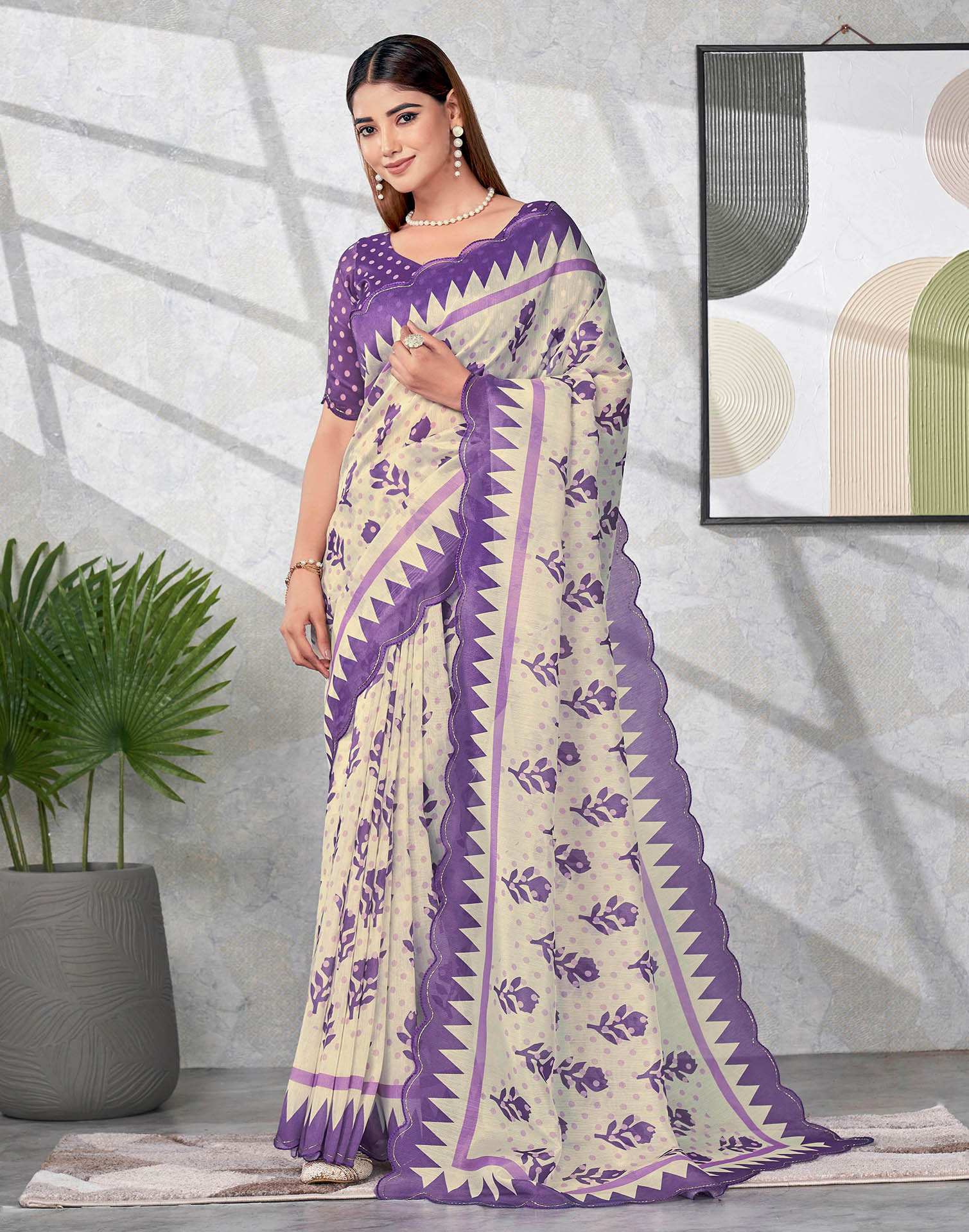 Off White Chanderi Printed Saree