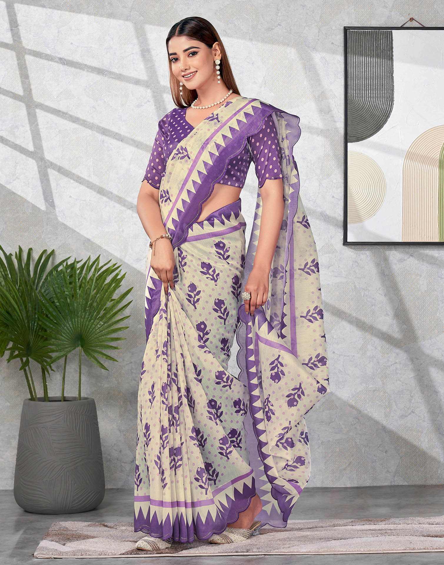 Off White Chanderi Printed Saree