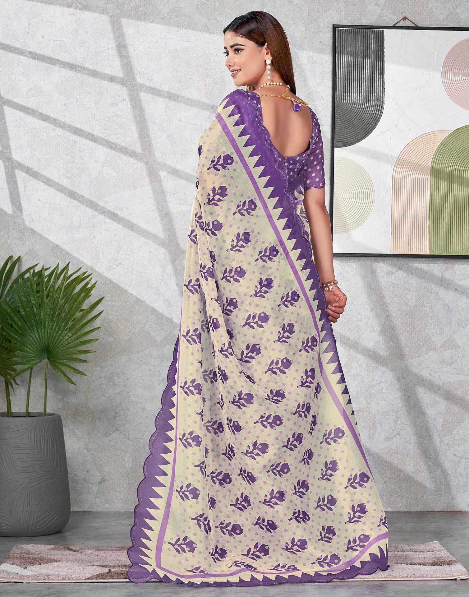 Off White Chanderi Printed Saree
