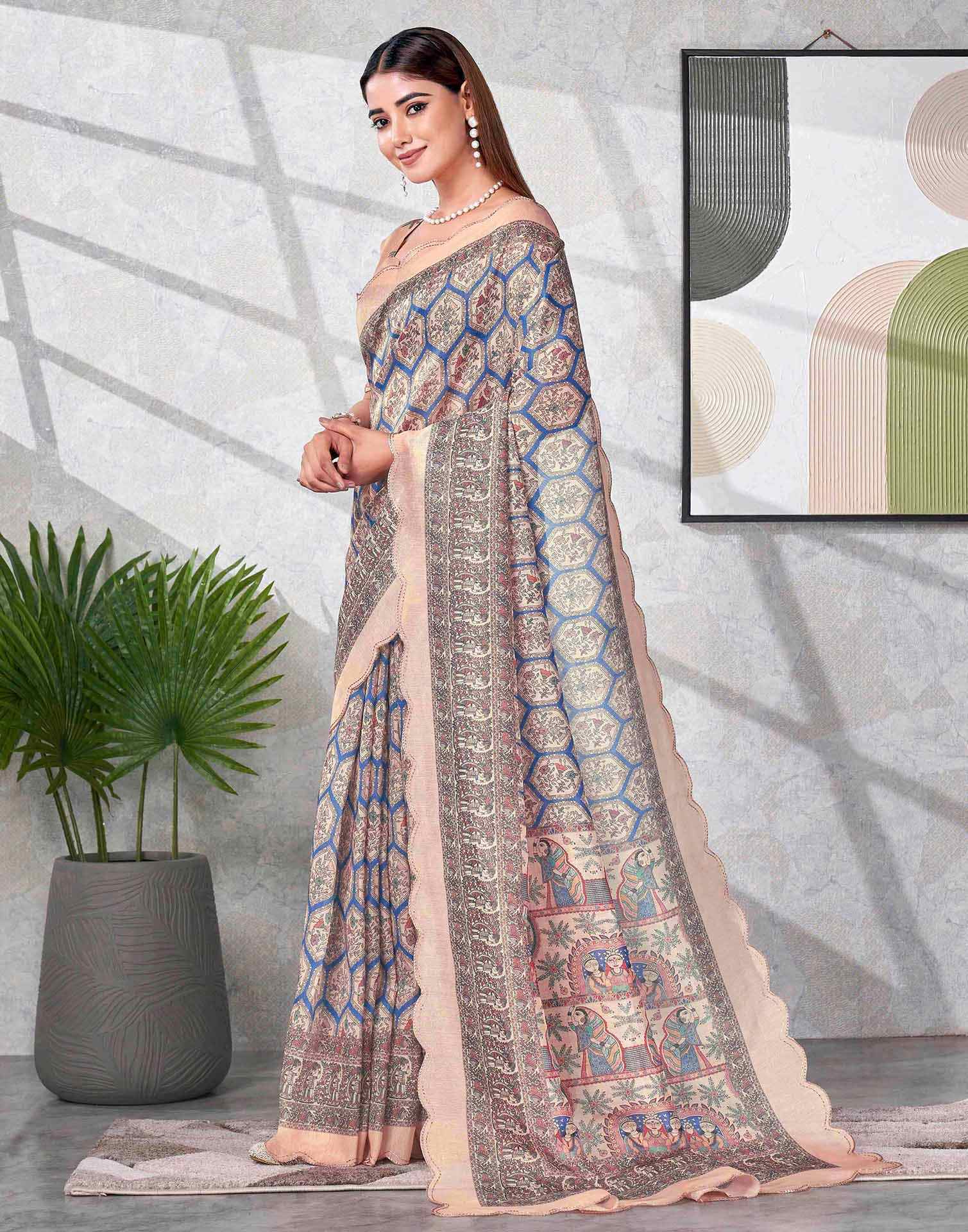 Peach Chanderi Printed Saree