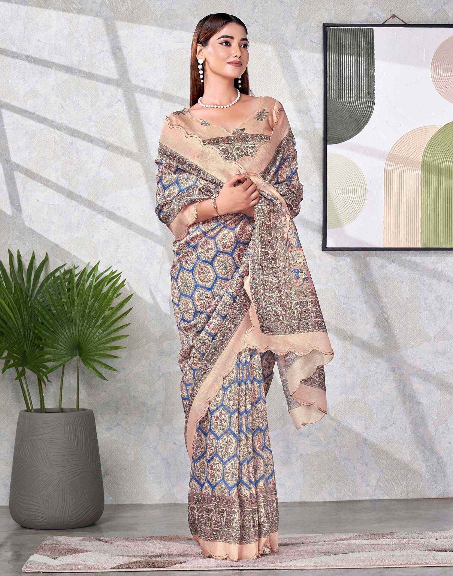 Peach Chanderi Printed Saree