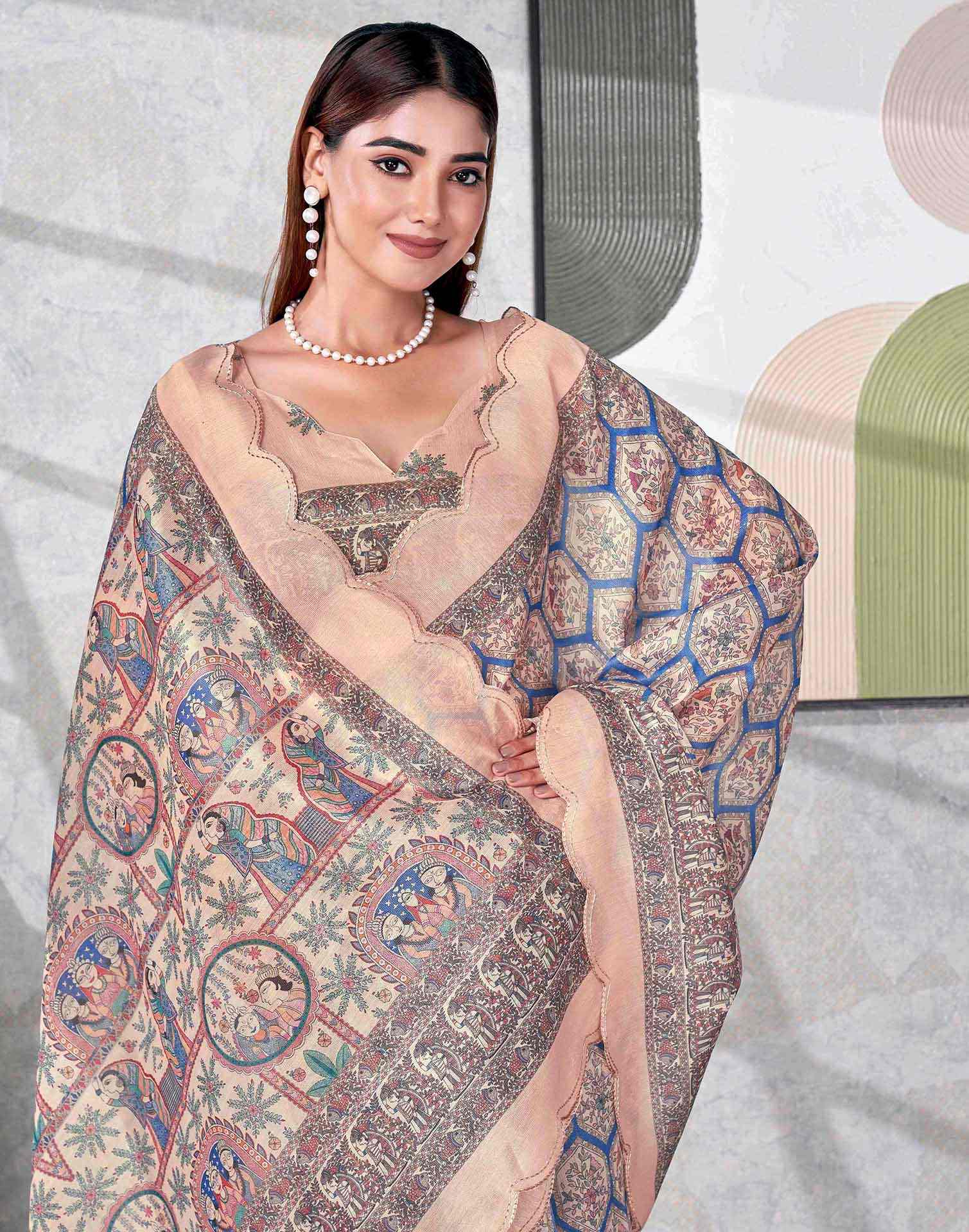 Peach Chanderi Printed Saree