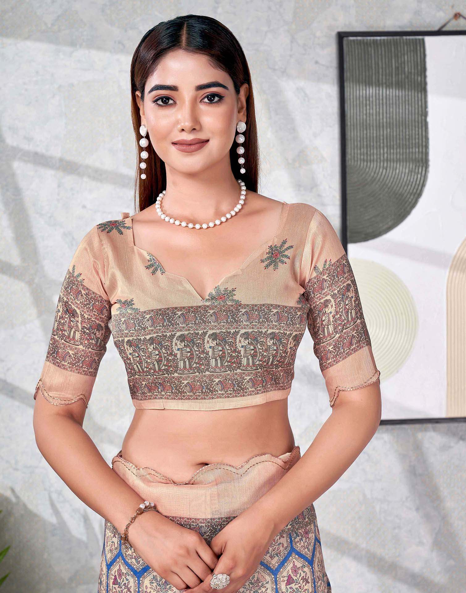 Peach Chanderi Printed Saree