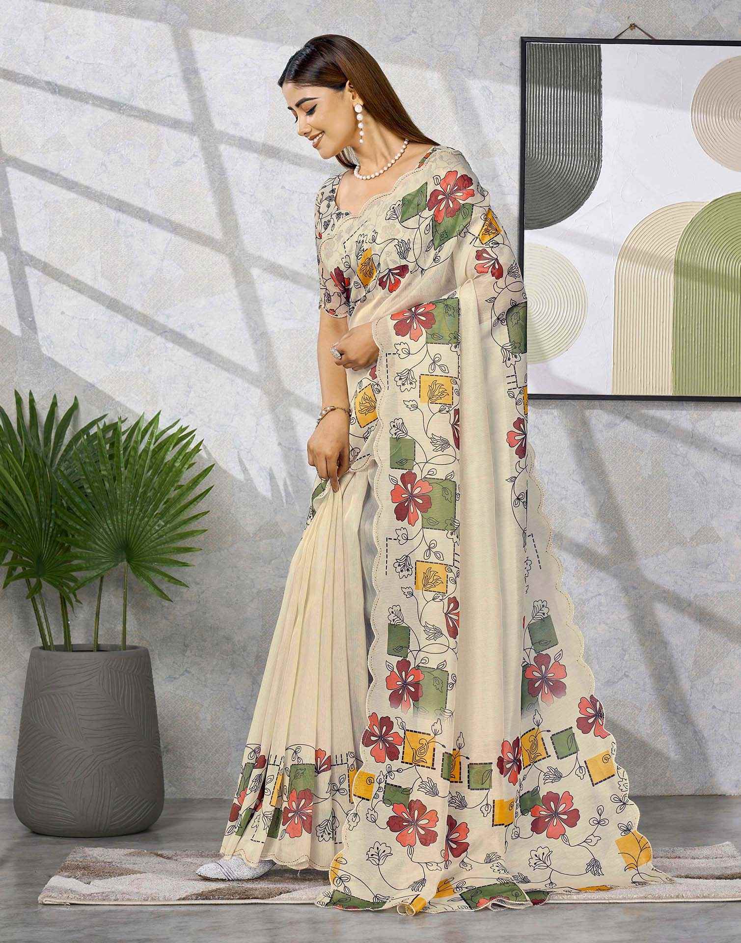 Cream Chanderi Printed Saree