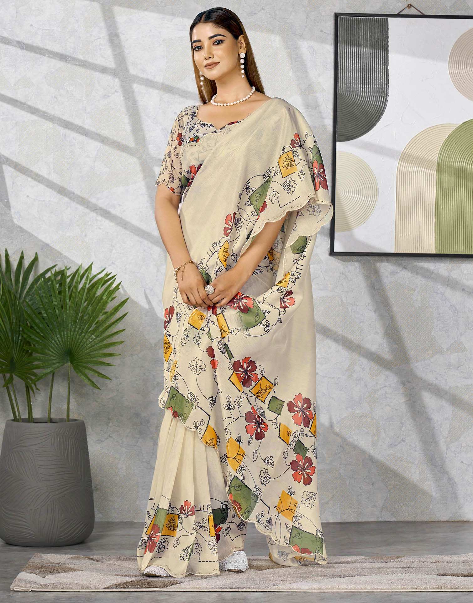 Cream Chanderi Printed Saree