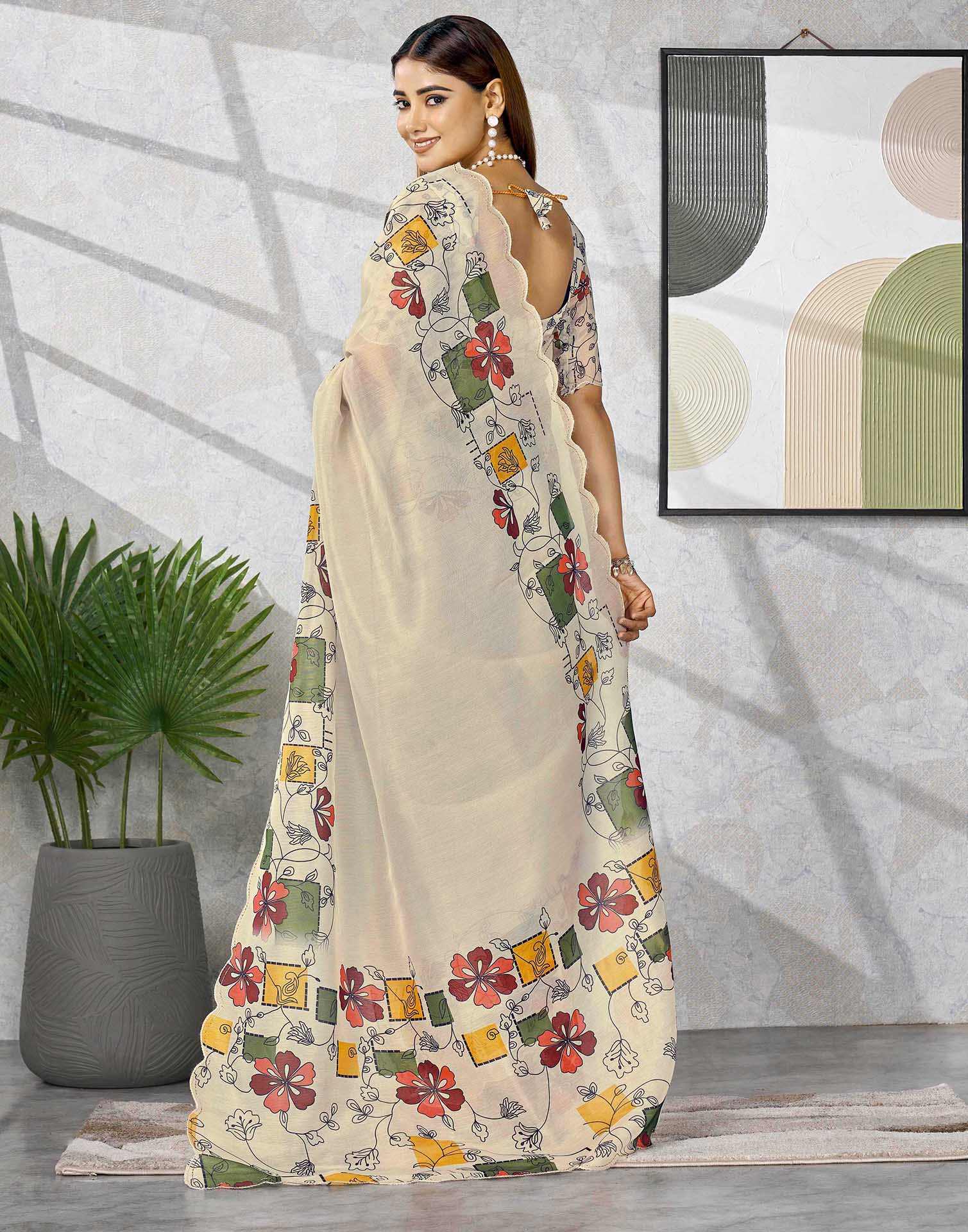 Cream Chanderi Printed Saree