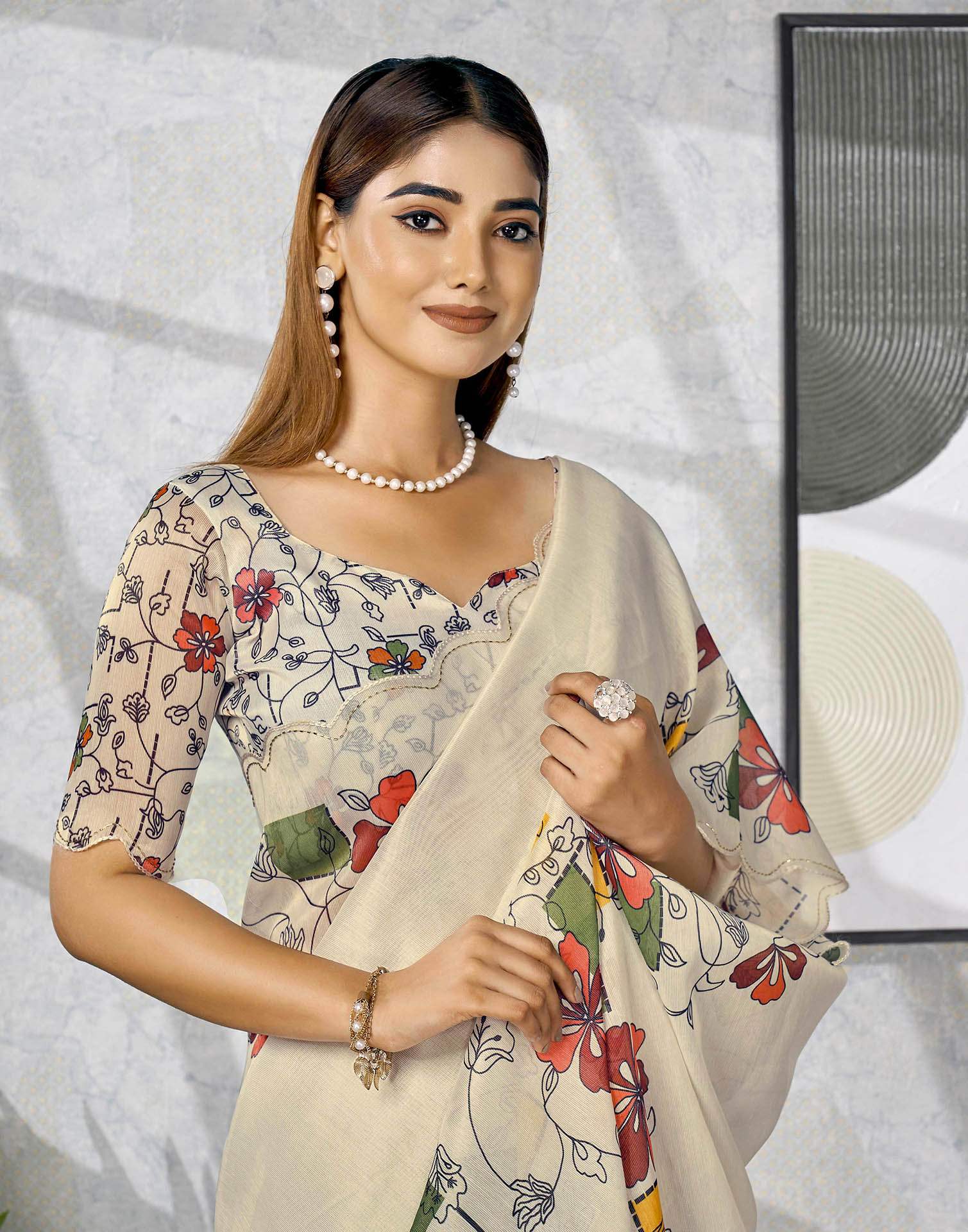 Cream Chanderi Printed Saree