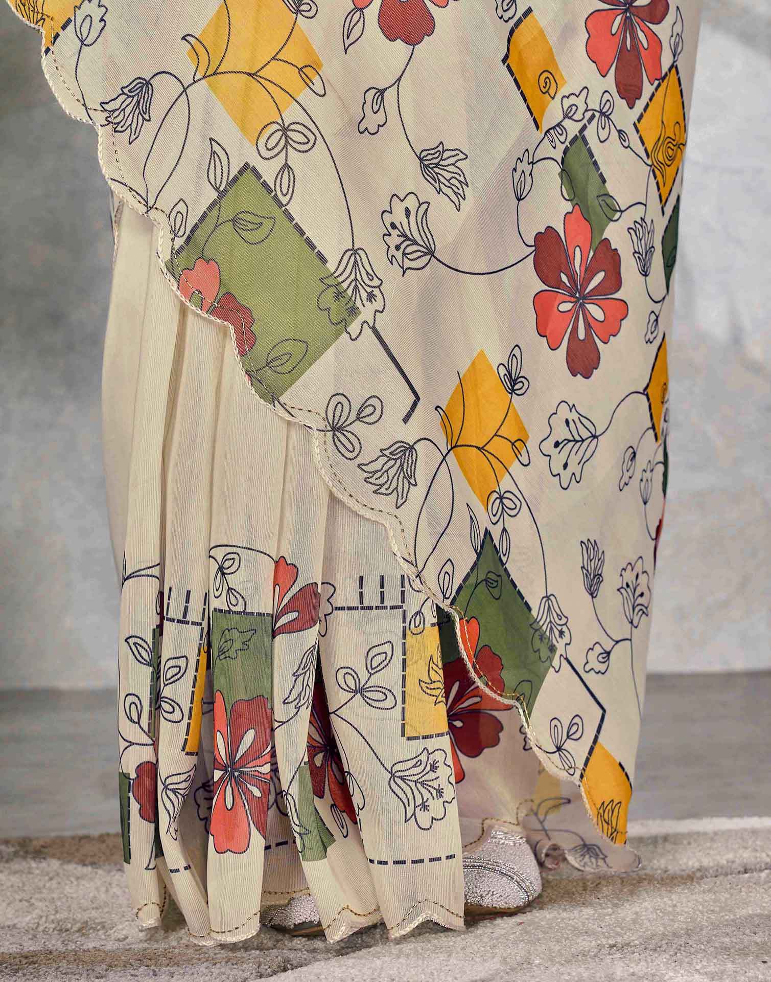 Cream Chanderi Printed Saree