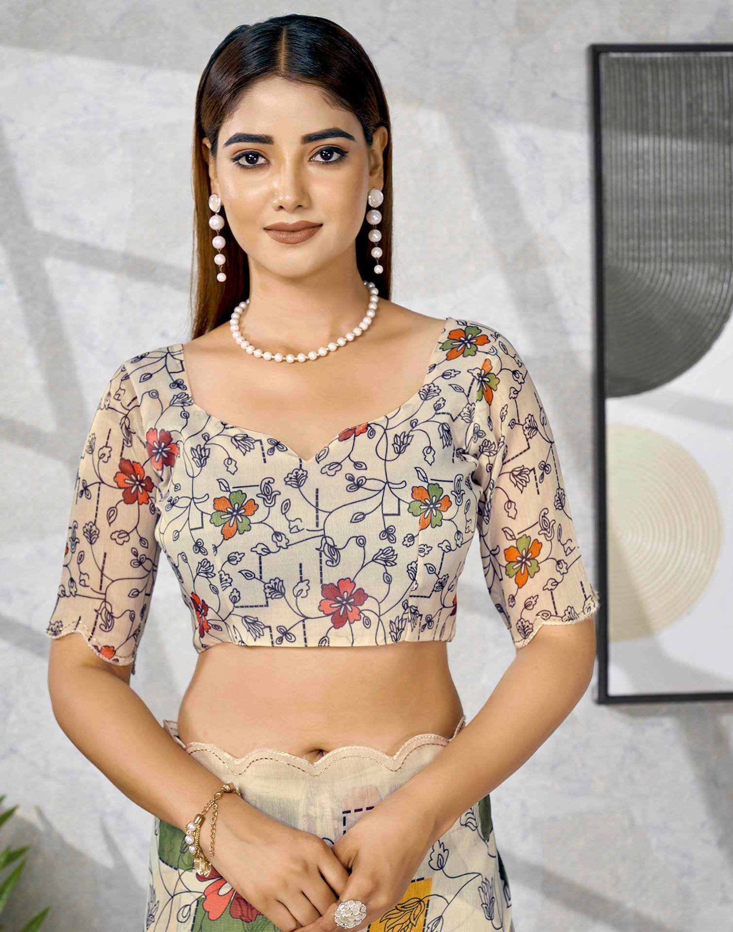 Cream Chanderi Printed Saree