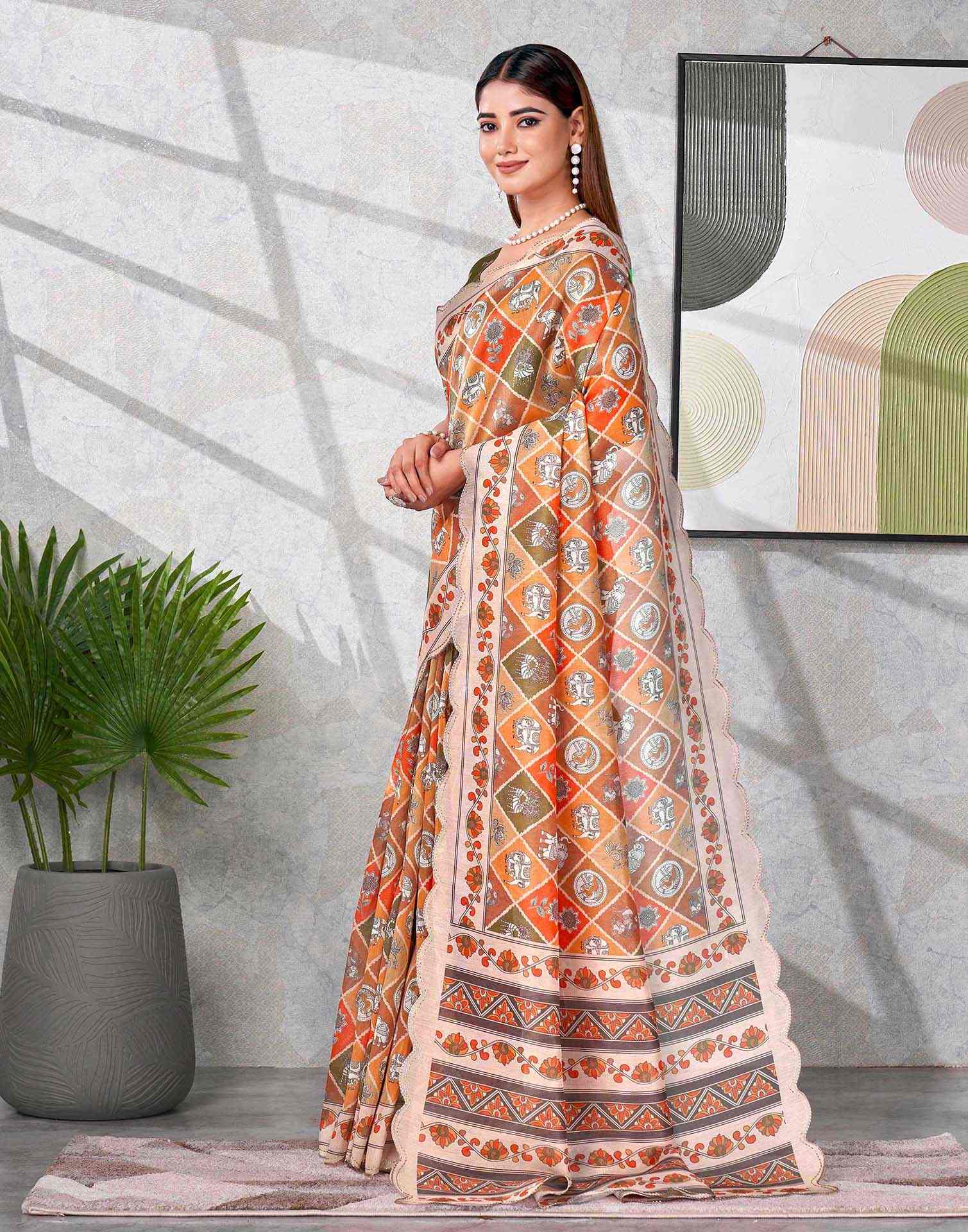 Peach Chanderi Printed Saree