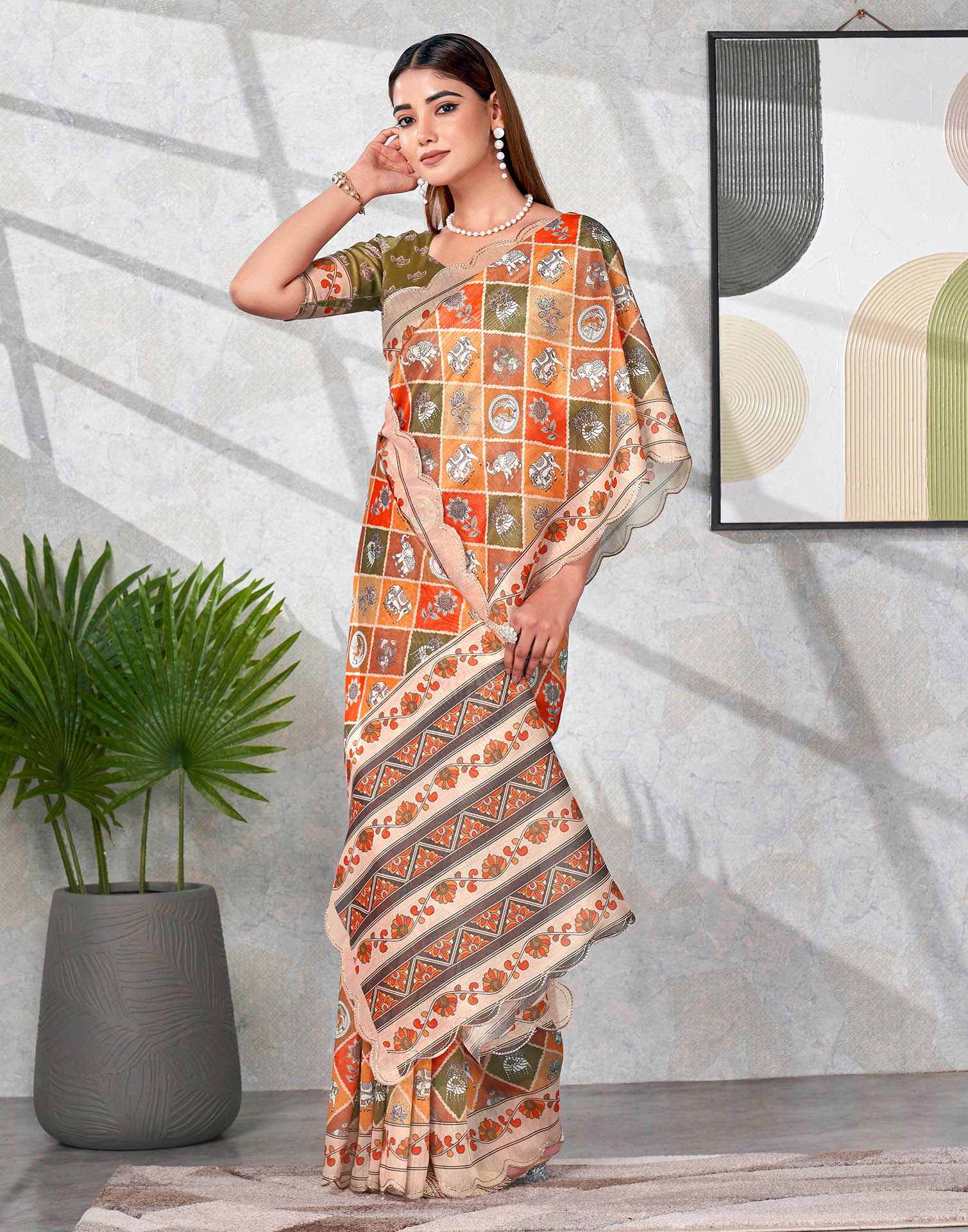 Peach Chanderi Printed Saree