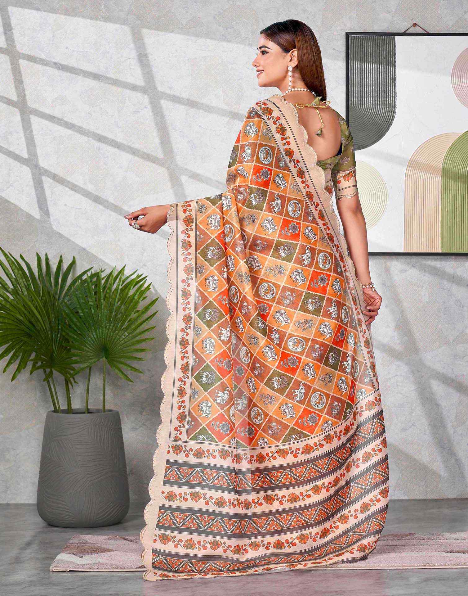Peach Chanderi Printed Saree