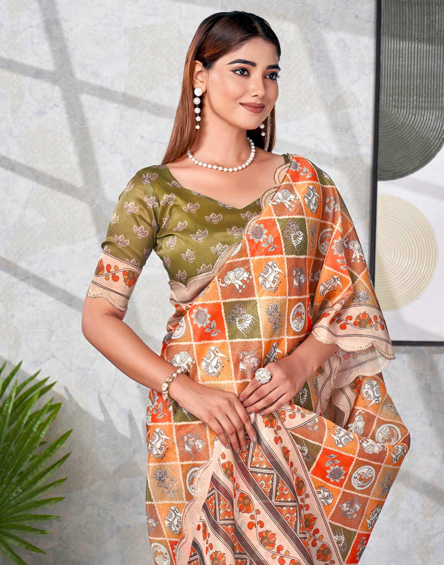 Peach Chanderi Printed Saree