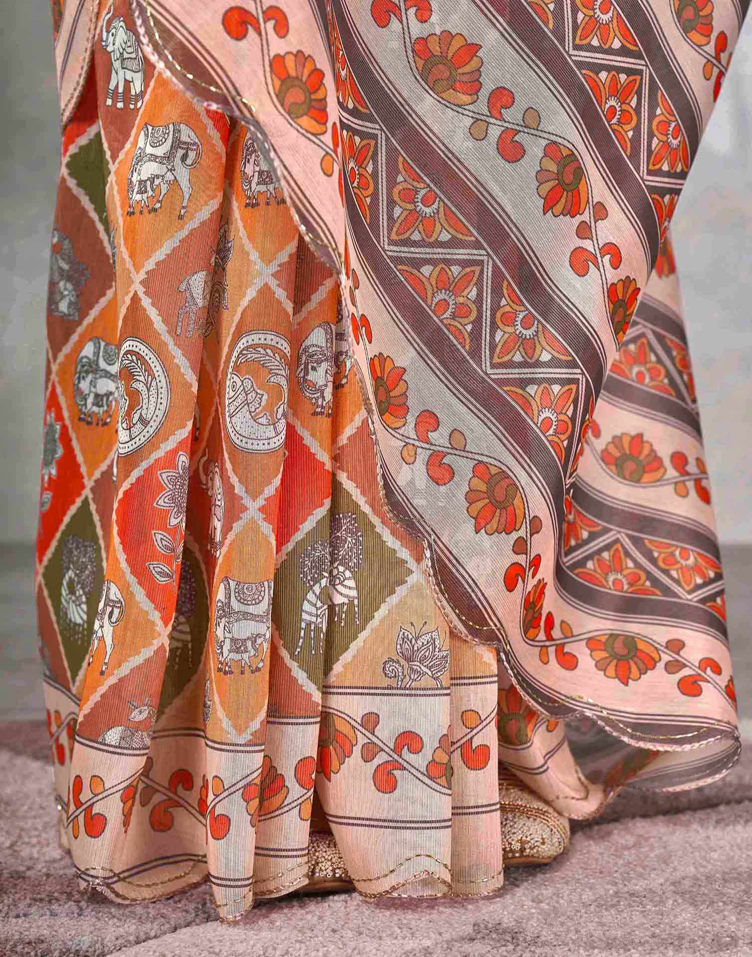 Peach Chanderi Printed Saree