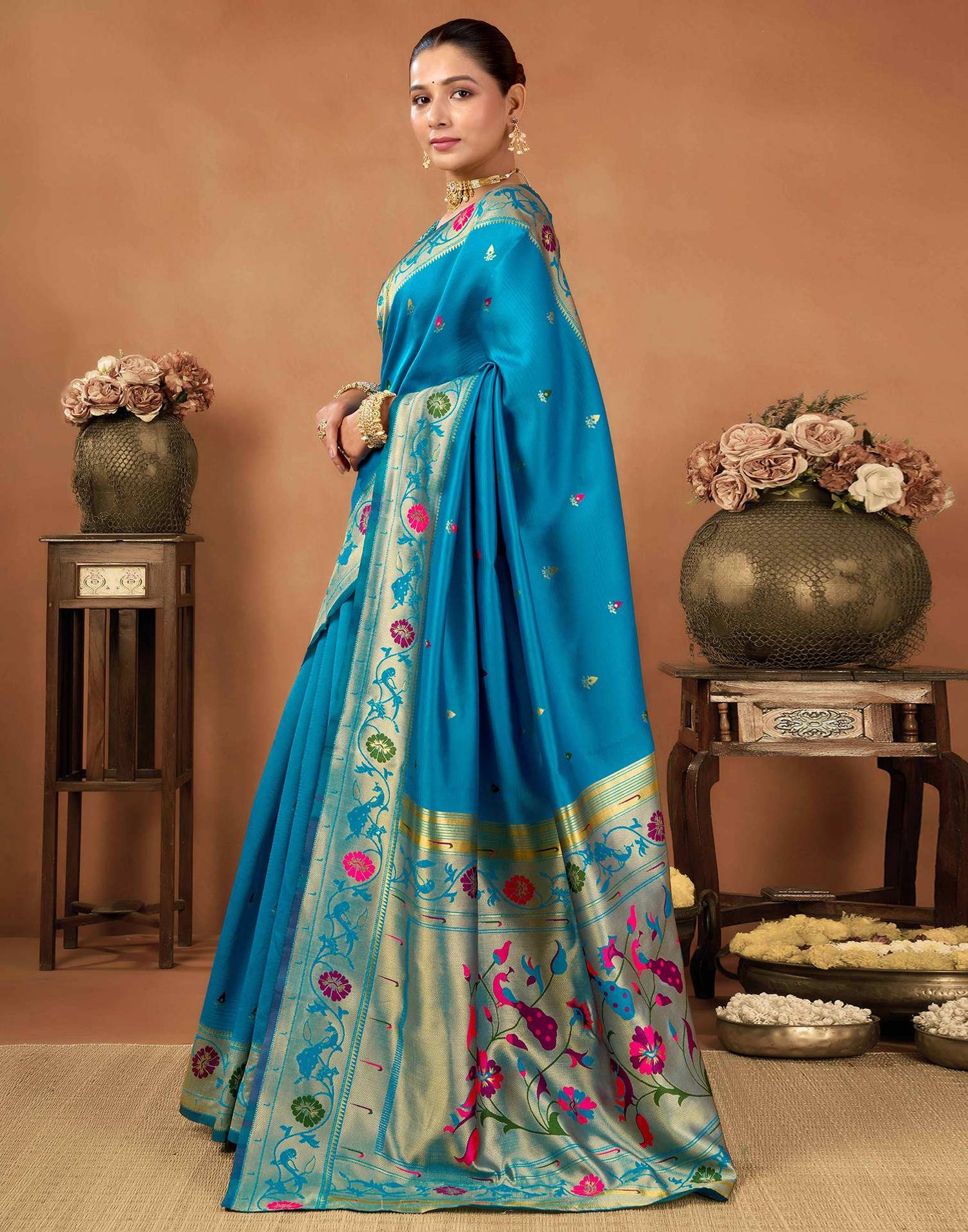 Teal Blue Silk Woven Paithani Saree