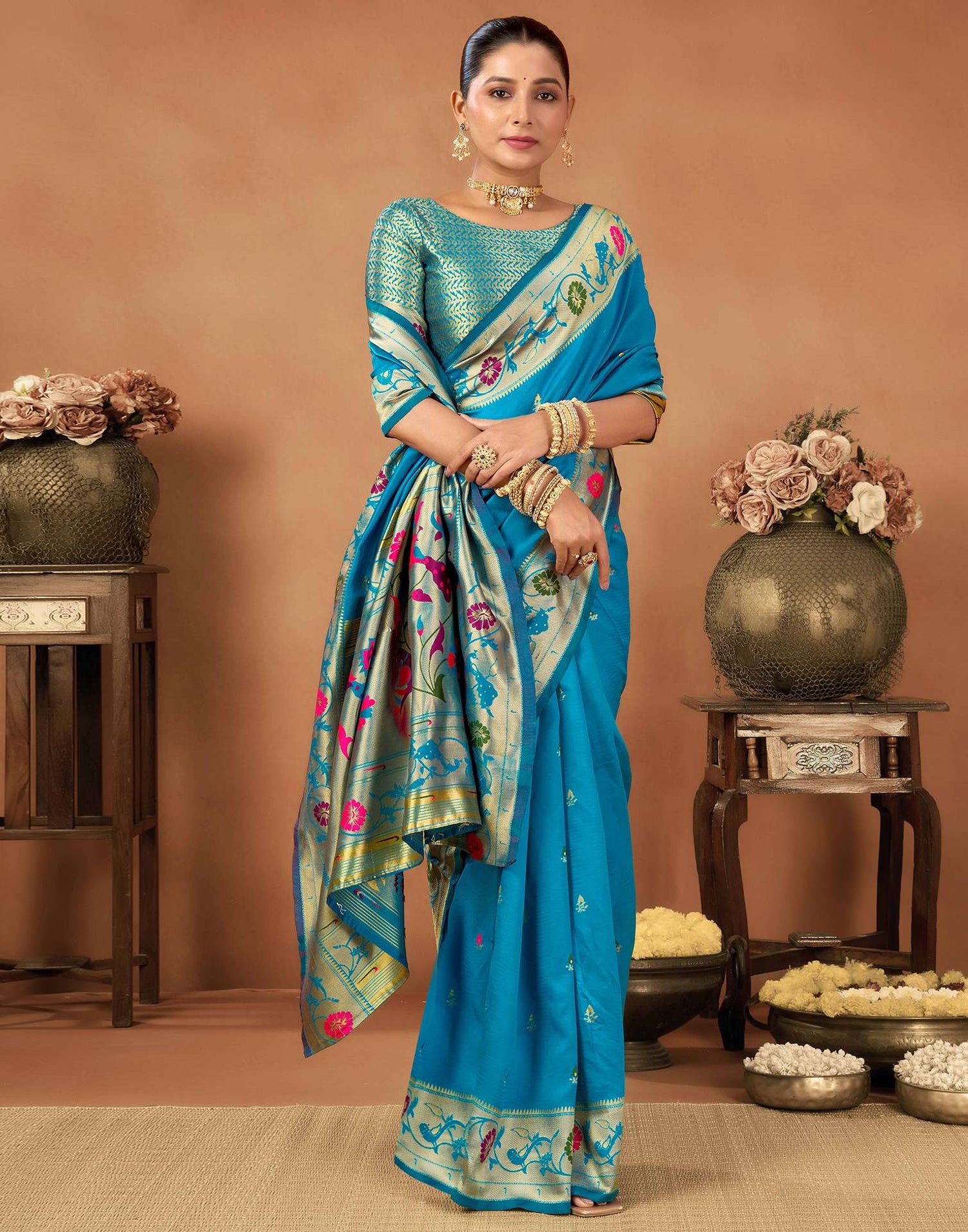Teal Blue Silk Woven Paithani Saree