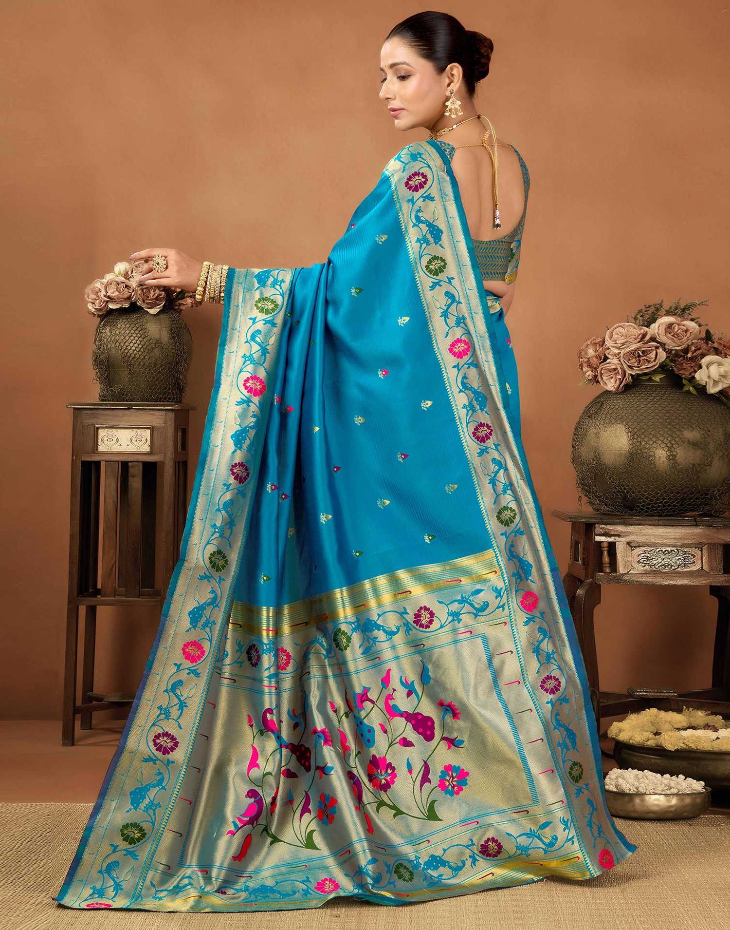 Teal Blue Silk Woven Paithani Saree