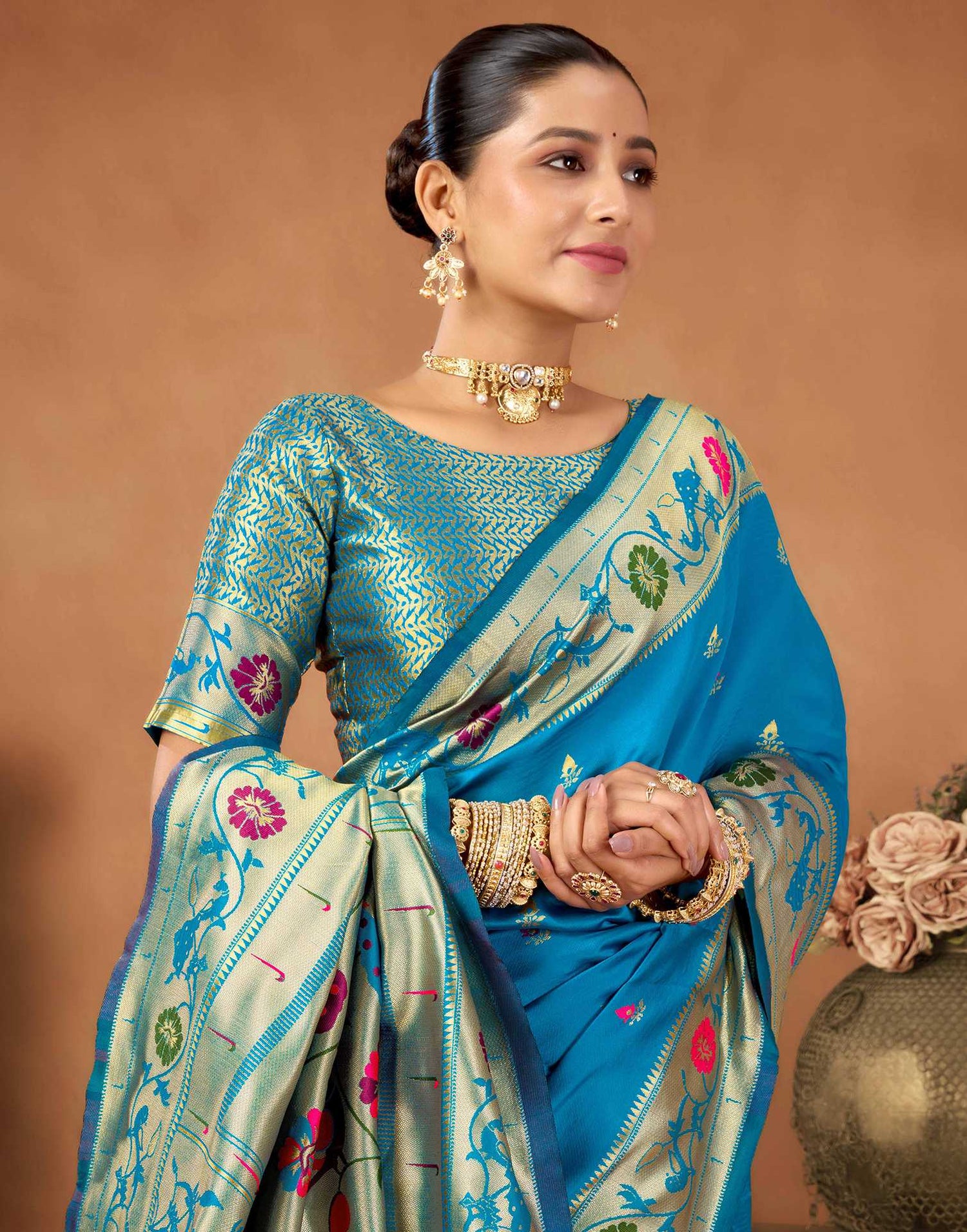 Teal Blue Silk Woven Paithani Saree