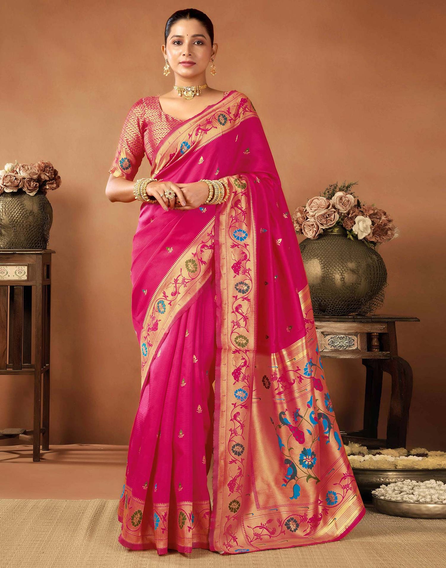 Bright Pink Silk Woven Paithani Saree