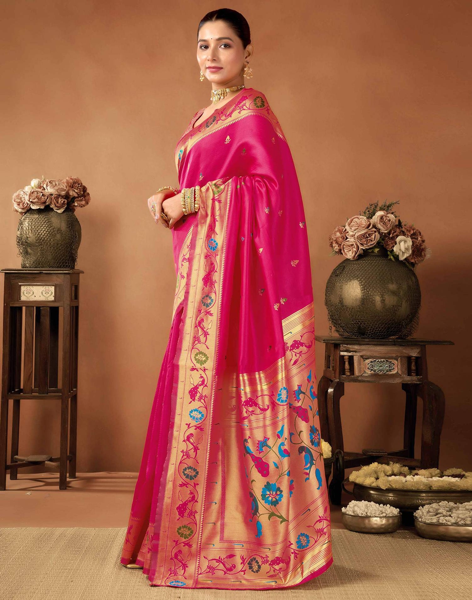 Bright Pink Silk Woven Paithani Saree