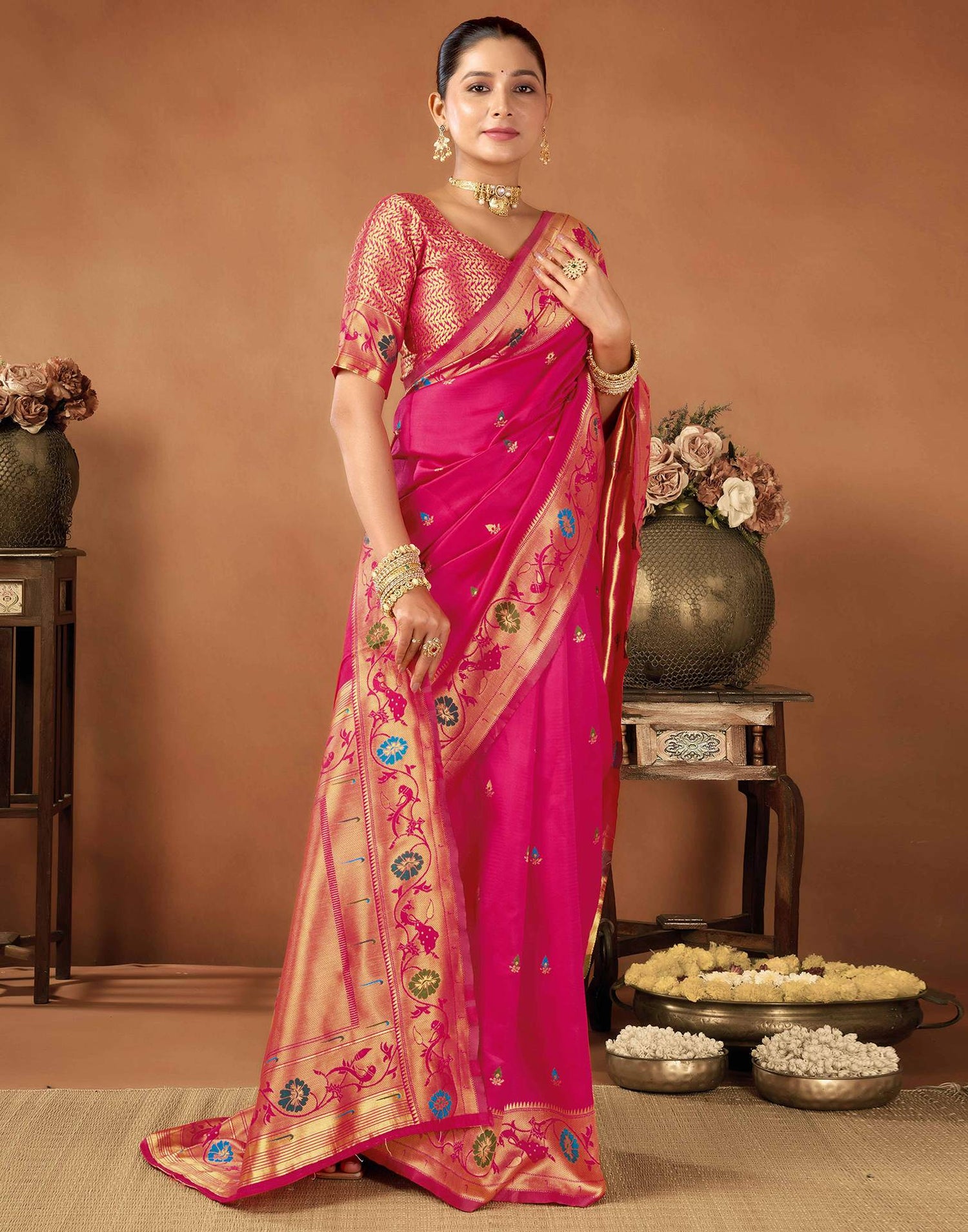 Bright Pink Silk Woven Paithani Saree