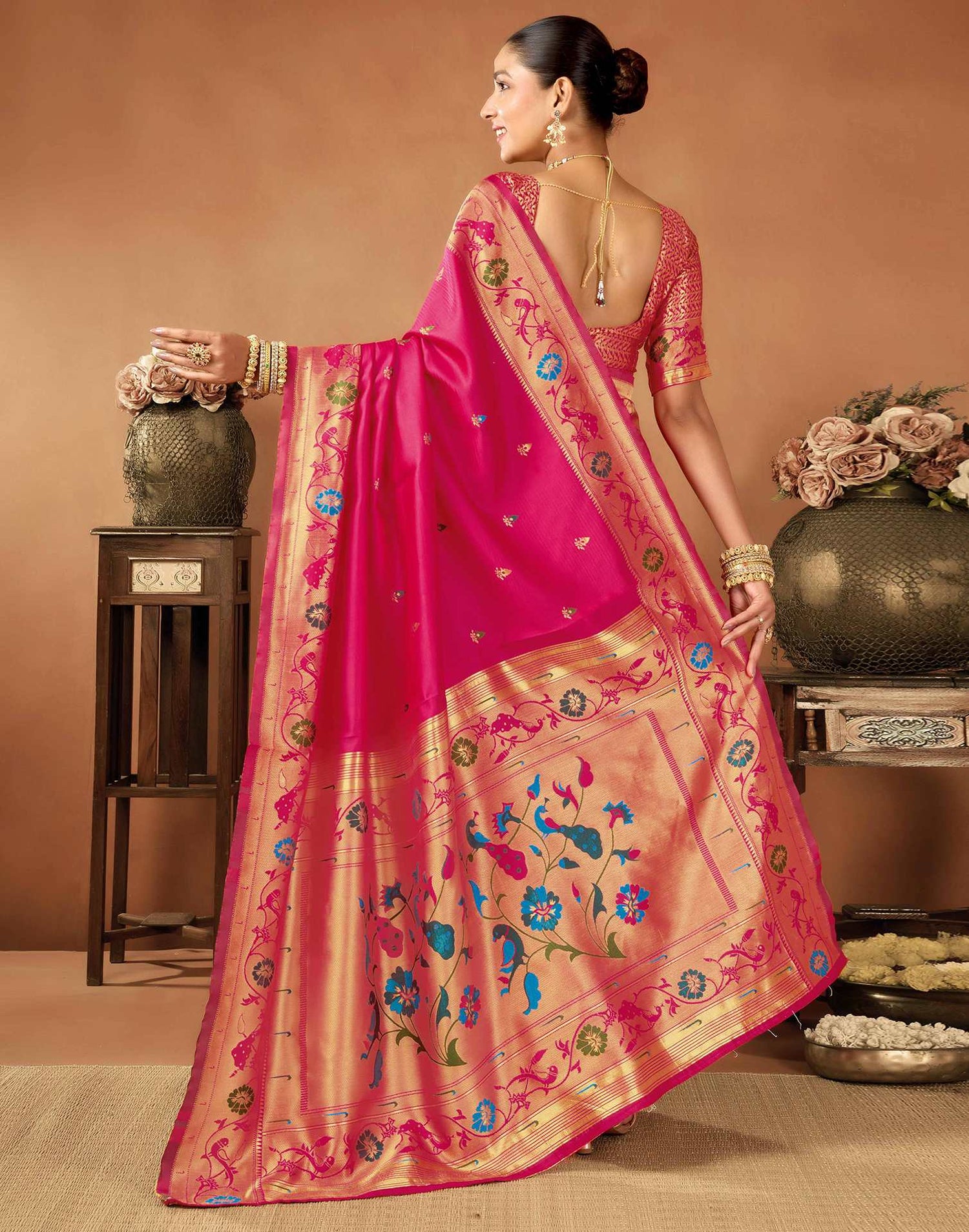 Bright Pink Silk Woven Paithani Saree