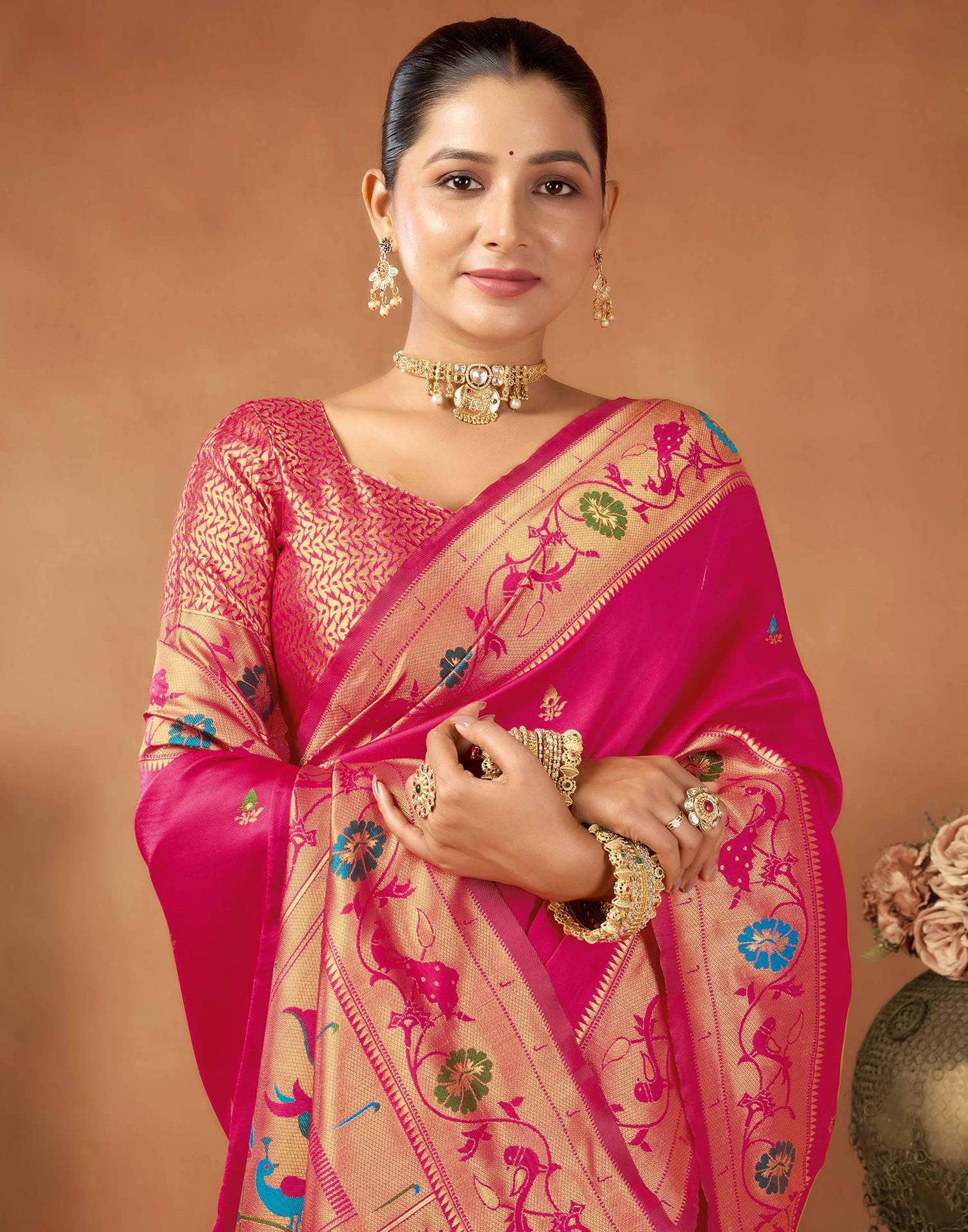 Bright Pink Silk Woven Paithani Saree