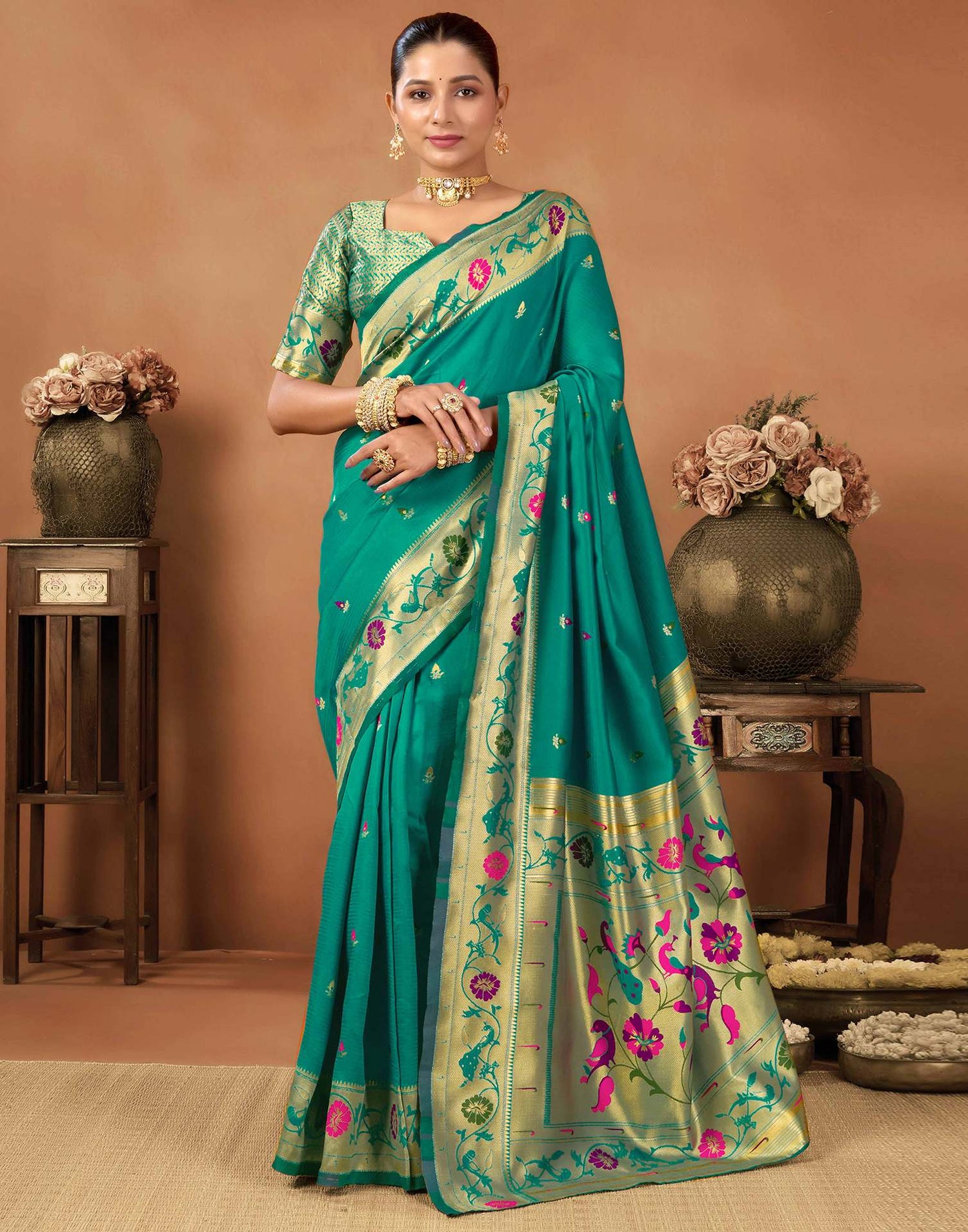 Teal Green Silk Woven Paithani Saree
