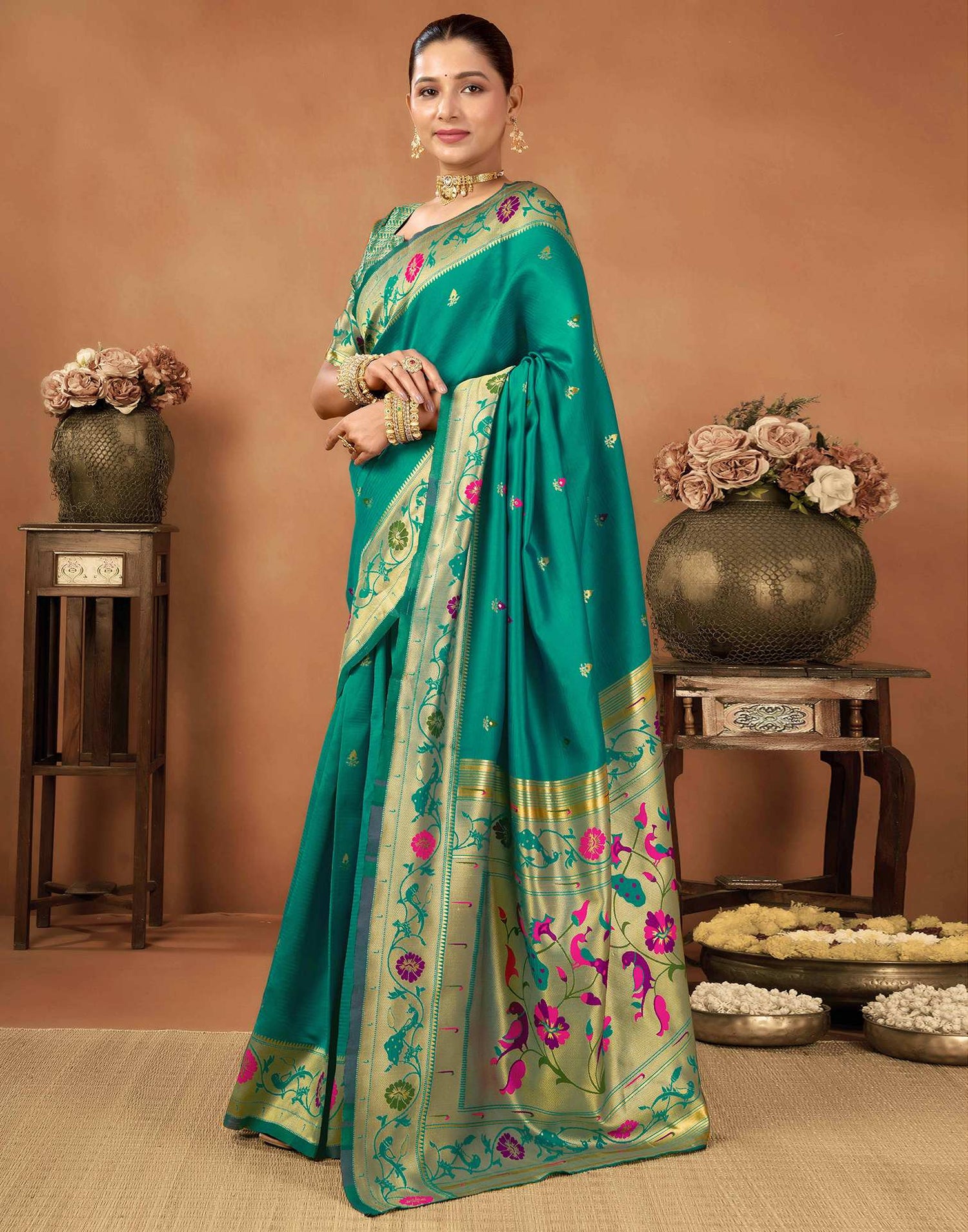 Teal Green Silk Woven Paithani Saree