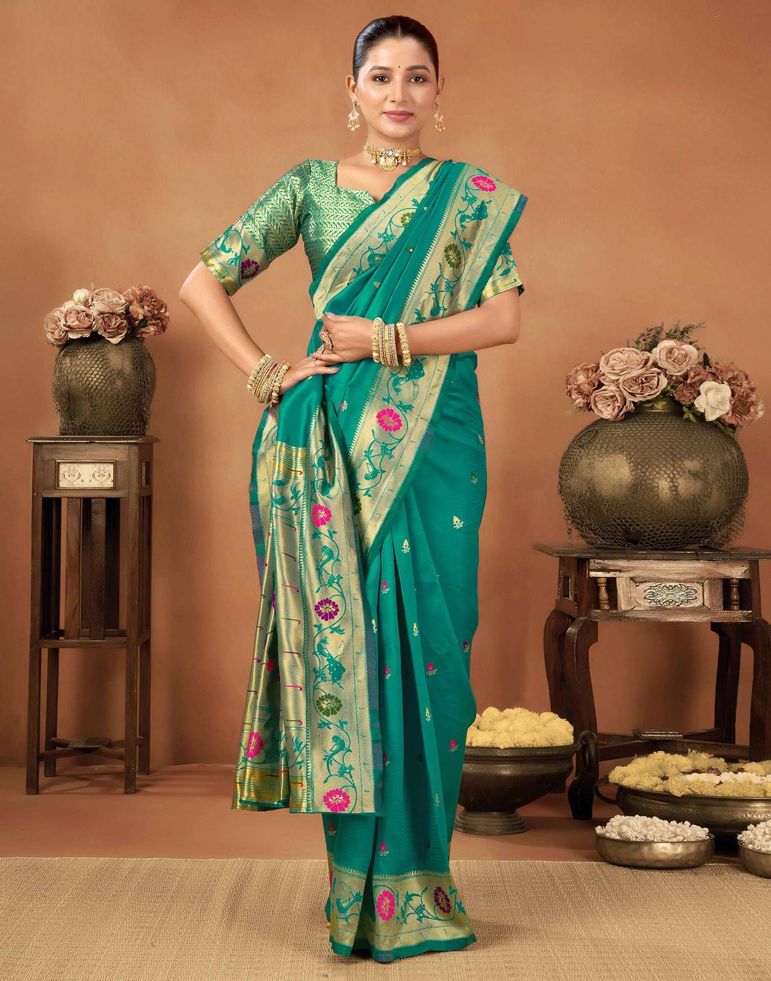 Teal Green Silk Woven Paithani Saree